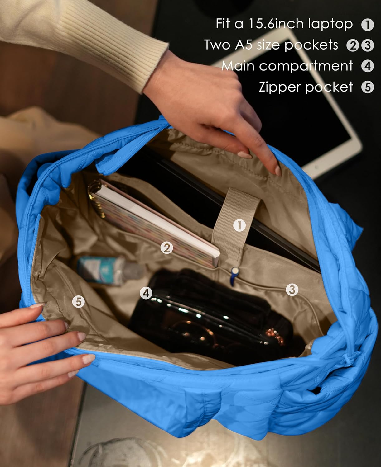 Tote Bag for Women, Lightweight Puffer Tote Work Bags with Compartments for Travel, Quilted Shoulder Bag with Zipper