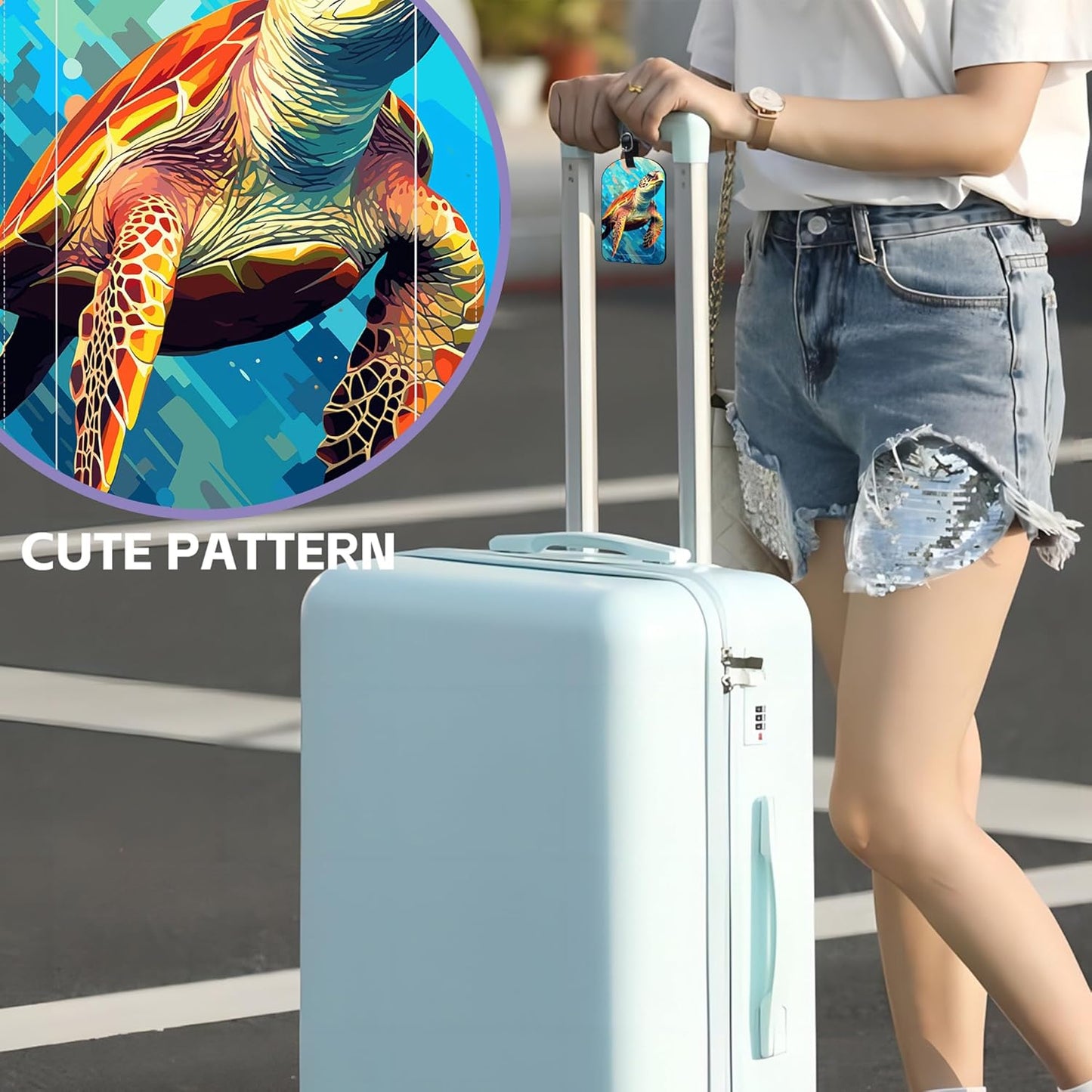 2 Pack Luggage Tags Watercolor Sea Turtle PU Leather Baggage Handbag Suitcase Tags with Secure Strap Privacy Cover ID Labels,Business Travel Baggage Tag Identifier