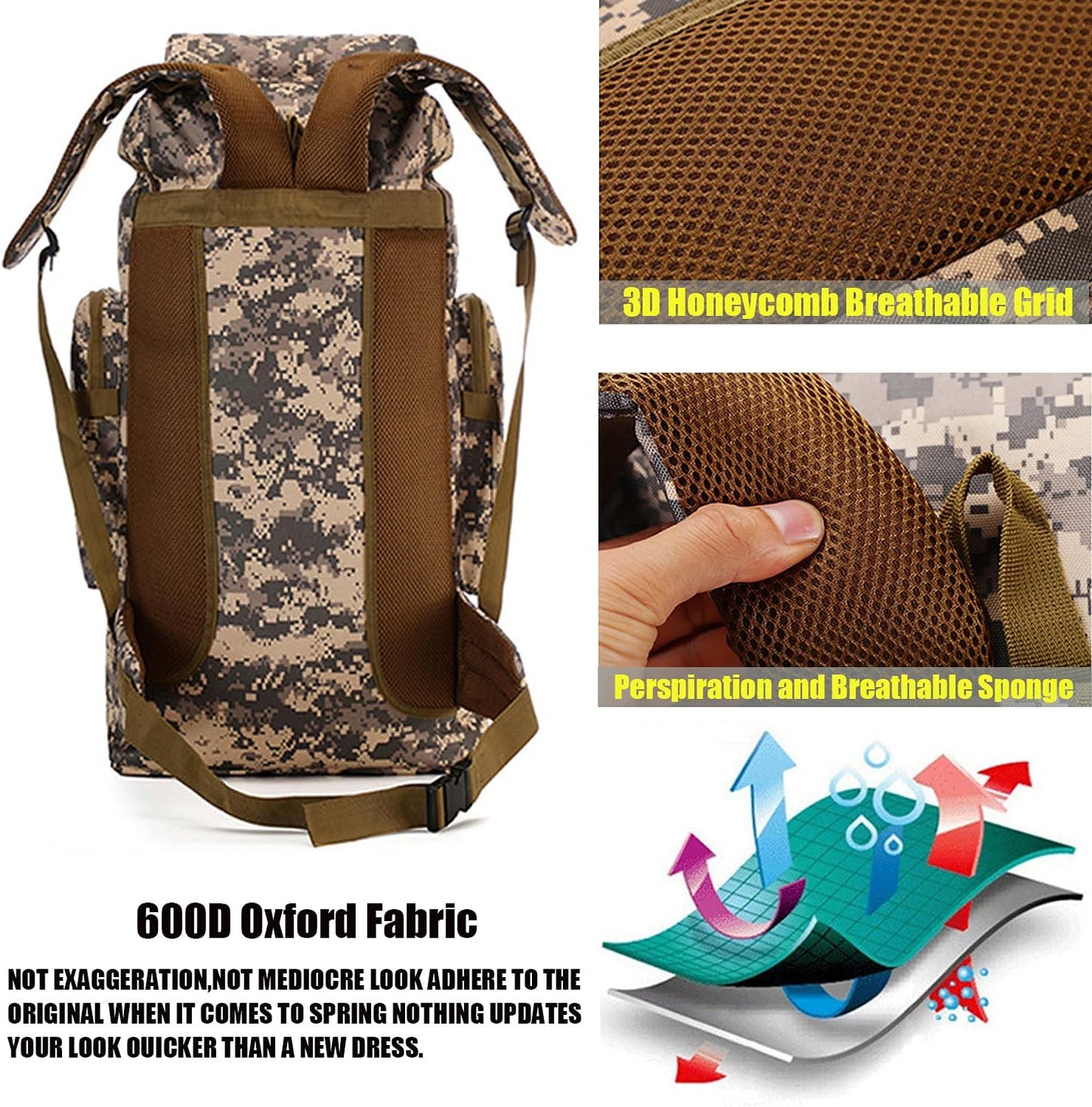 70L Hiking Backpack for Men, Waterproof Lightweight Camping Backpack, Military Rucksack with Molle, 3-Day Assault Pack for Travel, Climbing, Outdoor Sports (Green Camouflage)