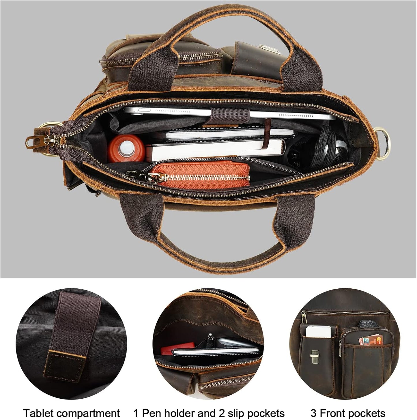 TIDING Full Grain Leather Messenger Shoulder Bag for Men Vintage Crossbody Bag Work Business Travel Handbag fits 11" Tablet