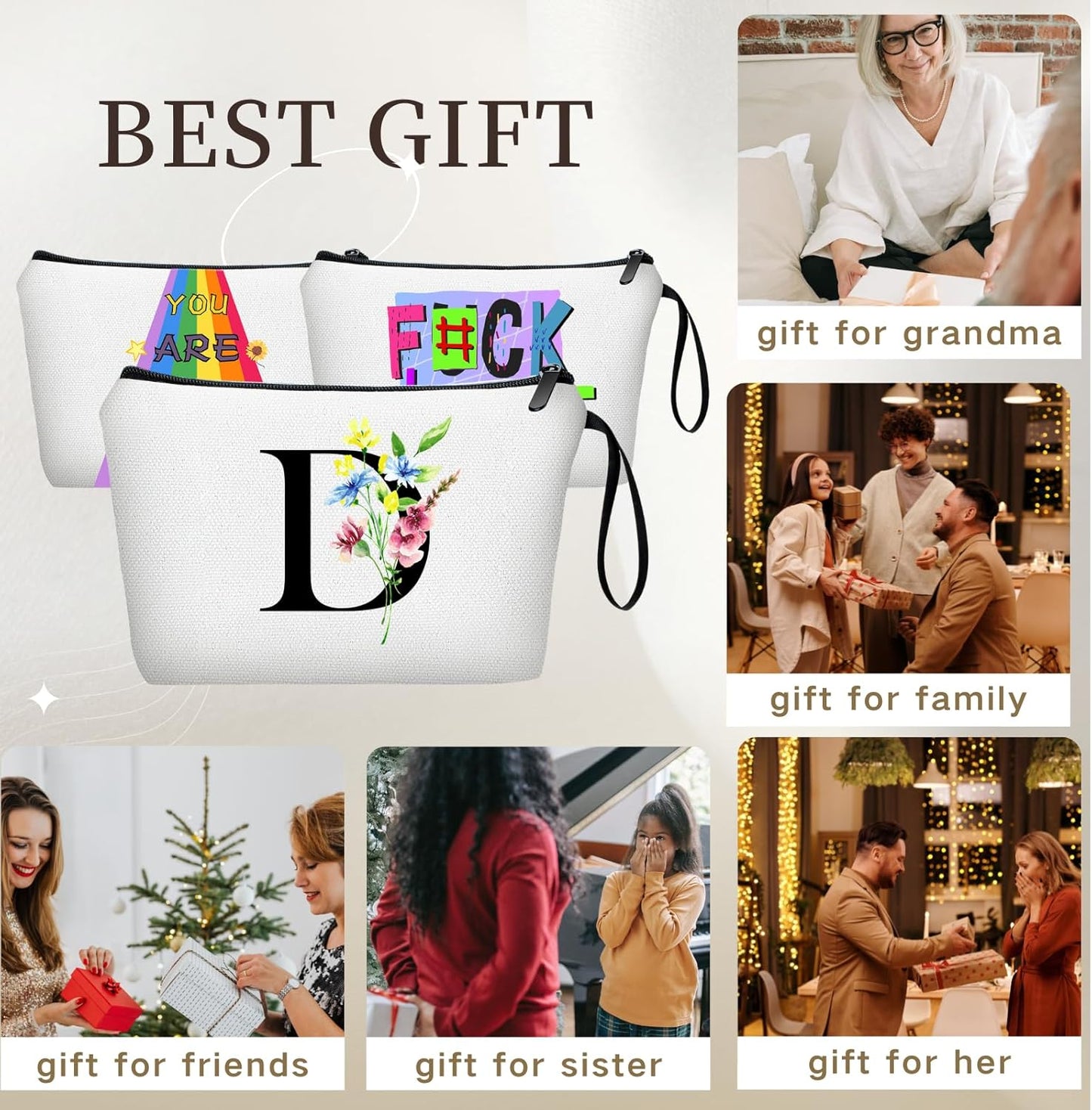 SEAMOON Women Birthday Unique Initial Funny Gifts for Teenage Girl Sister Friends Bridesmaid Personalized Travel Make up Cosmetic Bag with Mirror Valentines Mothers Day Christmas Graduation D