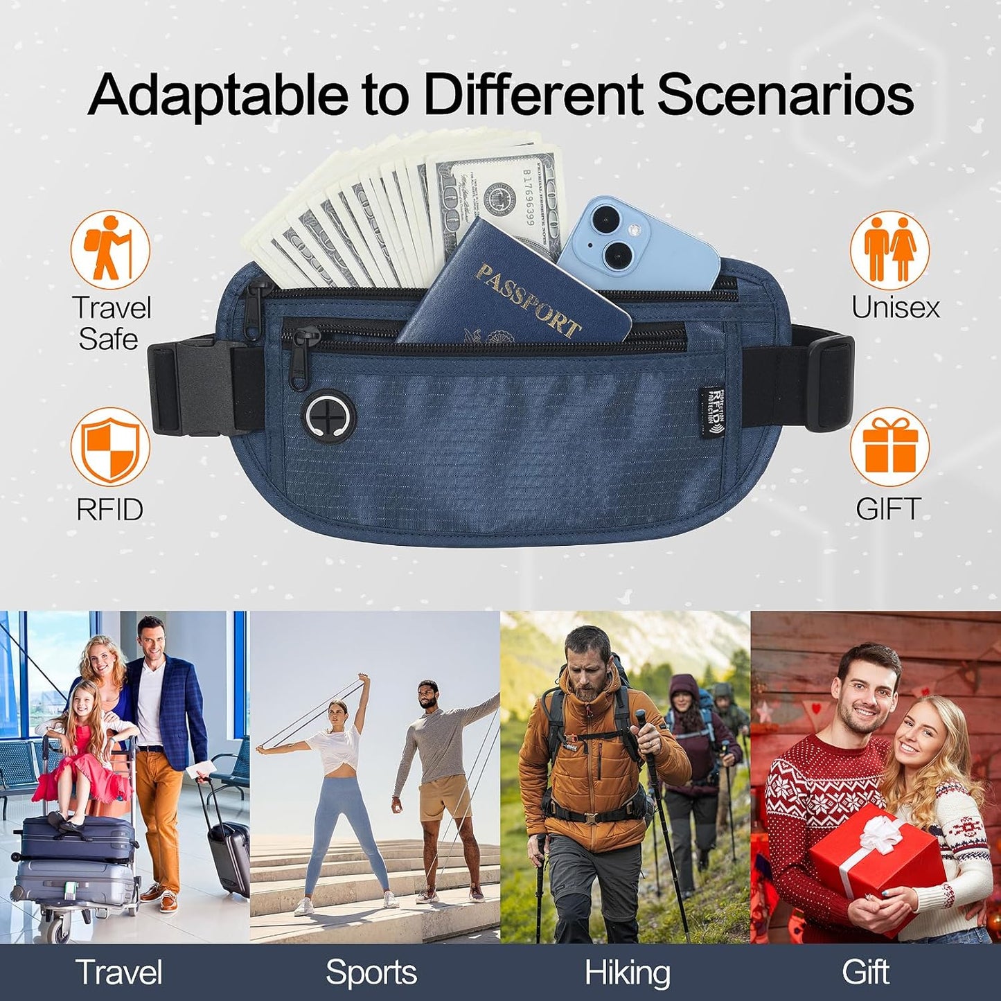 Slim RFID Blocking Money Belt for Travel - Anti-Theft Hidden Passport Holder Waist Wallet with Secure Pouch for Cash, Credit Cards & Phone Safe (Navy Blue)