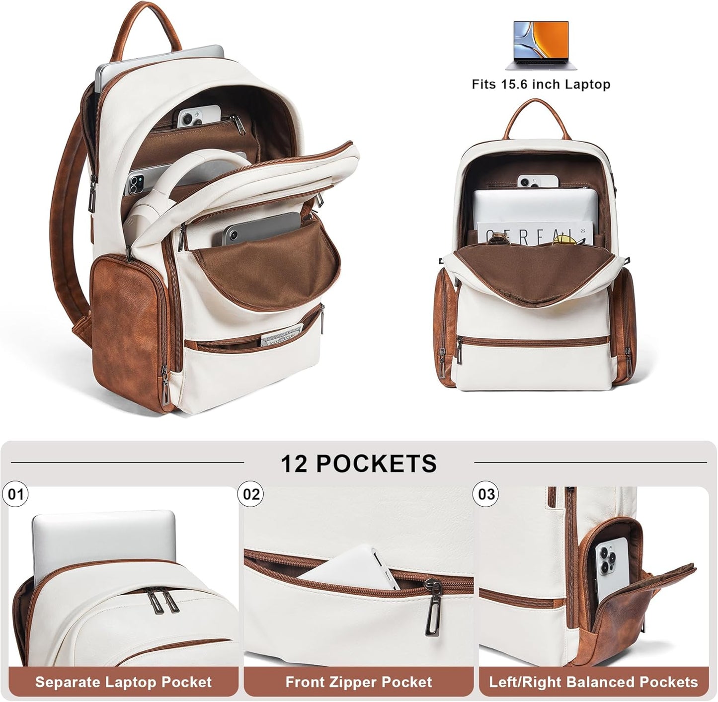 Computer Backpack for Women Soft Leather Back pack with 15.6 inch Laptop Compartment, Designer Ladies Travel Backpack, Beige