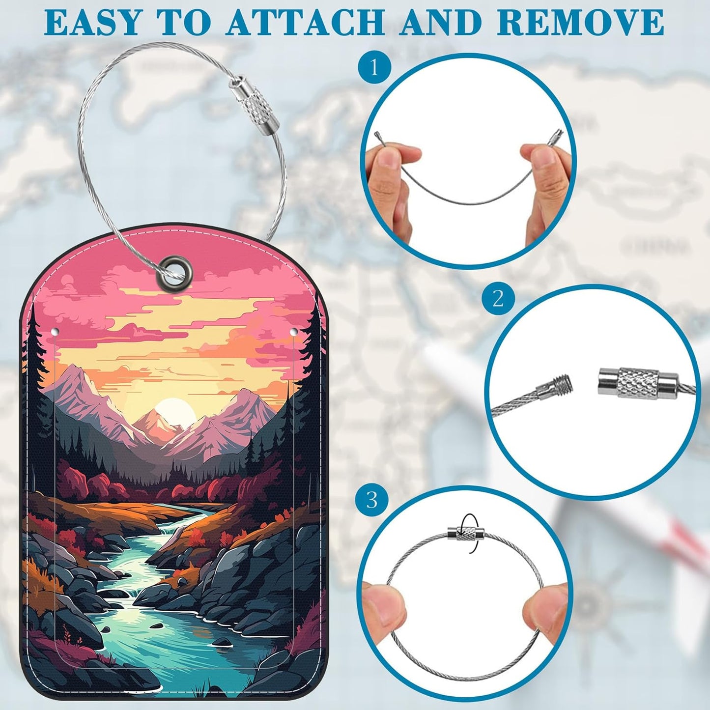 Sunset Mountains and River Landscape Leather Luggage Tag for Suitcase 2 Pack Luggage Tag with Privacy Name ID Label and Stainless Steel Loop for Travel Bag Suitcase