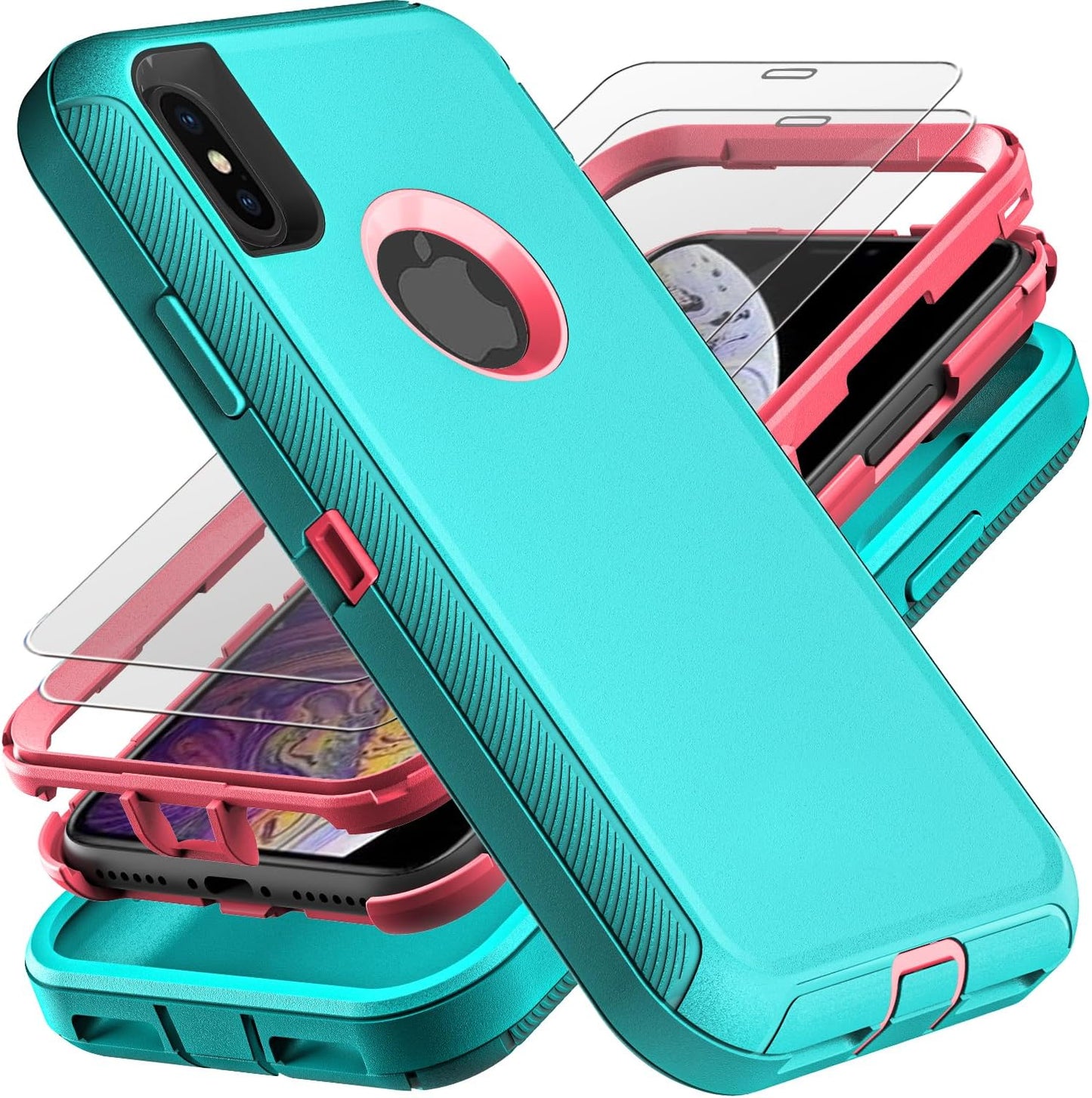 for iPhone Xs Max Case, Military Grade 3 in 1 Heavy Duty Shockproof/Drop Proof/Dust Proof Case with 2Pcs Tempered Glass Screen Protector (Aqua Blue/Pink)