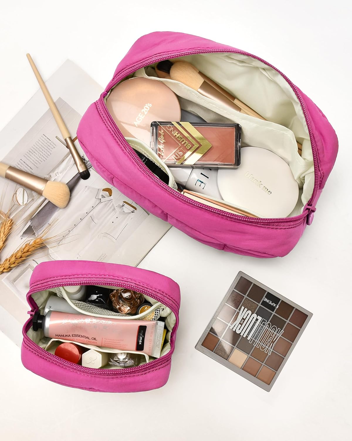 oscaurt 2 Pcs Makeup Bag Travel Toiletry Bag for Women Puffy Padded Cosmetic Pouch Purse Wide-open Makeup Organizer Case Travel Essentials