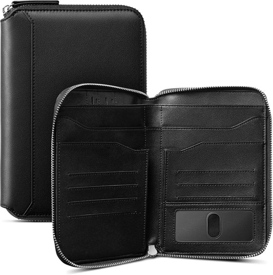 VULKIT Leather Passport Holder for 4-8 Passports Family RFID Blocking Passport Wallet with Zipper Travel Documents Organizer for Men or Women (Black)