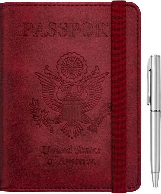 WALNEW Passport Holder for Travel, RFID Passport Cover Wallet for Women Men, PU Leather Passport Book Card Holder Case with Pen, Travelling Essentials for Flying