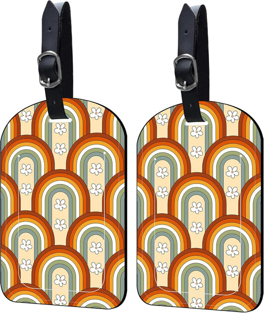 2 Pack Luggage Tags Mid Century Rainbow PU Leather Baggage Handbag Suitcase Tags with Secure Strap Privacy Cover ID Labels,Business Travel Baggage Tag Identifier