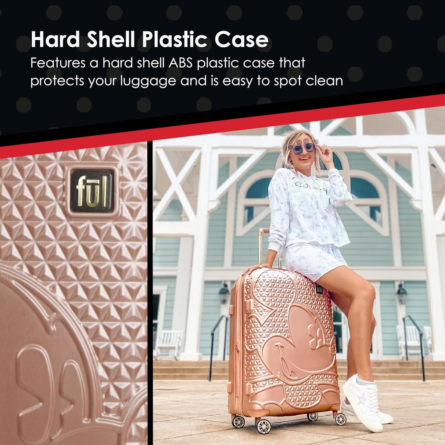 FUL Disney Mickey Mouse 21 Inch Carry On Luggage, Hardshell Rolling Suitcase with Spinner Wheels, Rose Gold