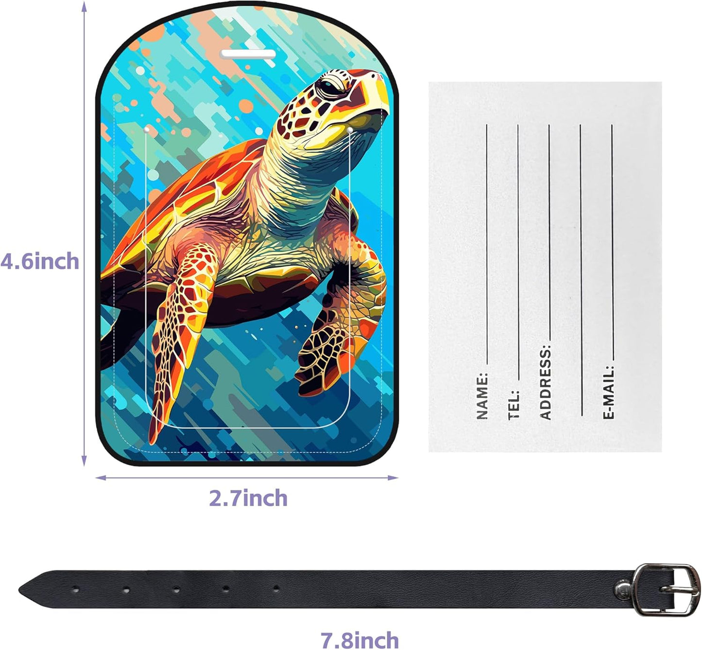 2 Pack Luggage Tags Watercolor Sea Turtle PU Leather Baggage Handbag Suitcase Tags with Secure Strap Privacy Cover ID Labels,Business Travel Baggage Tag Identifier