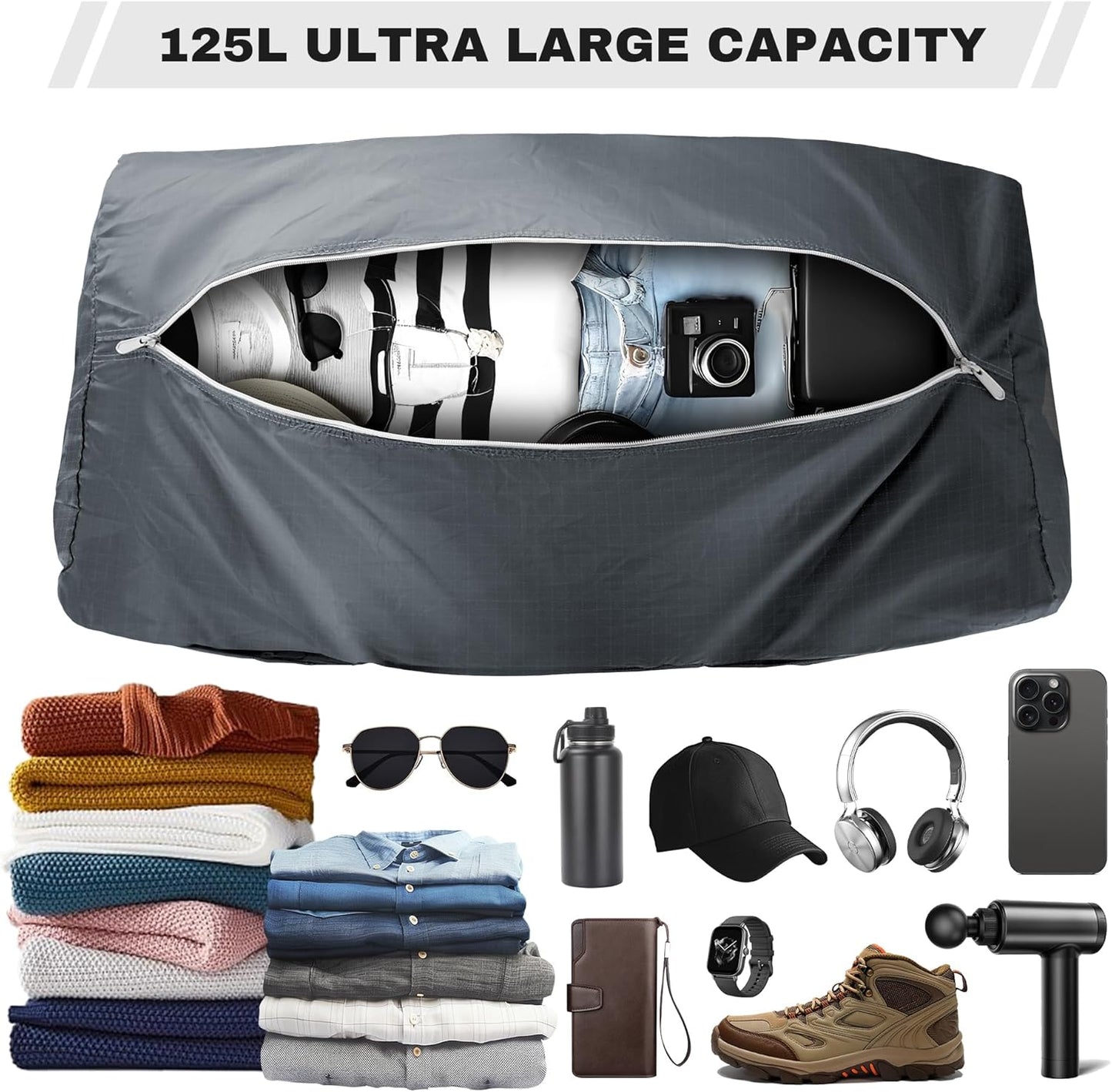 125L Foldable Duffel Bag, Lightweight and Waterproof for Travel - Grey