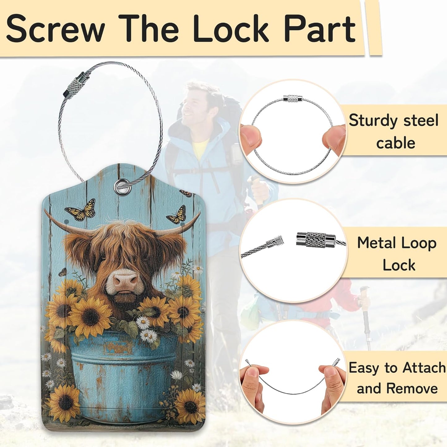 Highland Cow Luggage Tags for Suitcase,3 Pack Cow Sunflower Luggage Tag Leather Privacy Cover ID Label with Stainless Steel Loop for Women Men