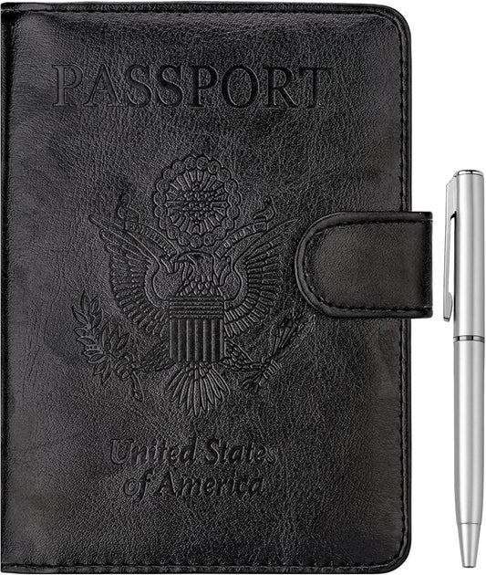 WALNEW Passport Holder for Travel, RFID Passport Cover Wallet for Women Men, PU Leather Passport Book Card Holder Case with Pen, Travelling Essentials for Flying