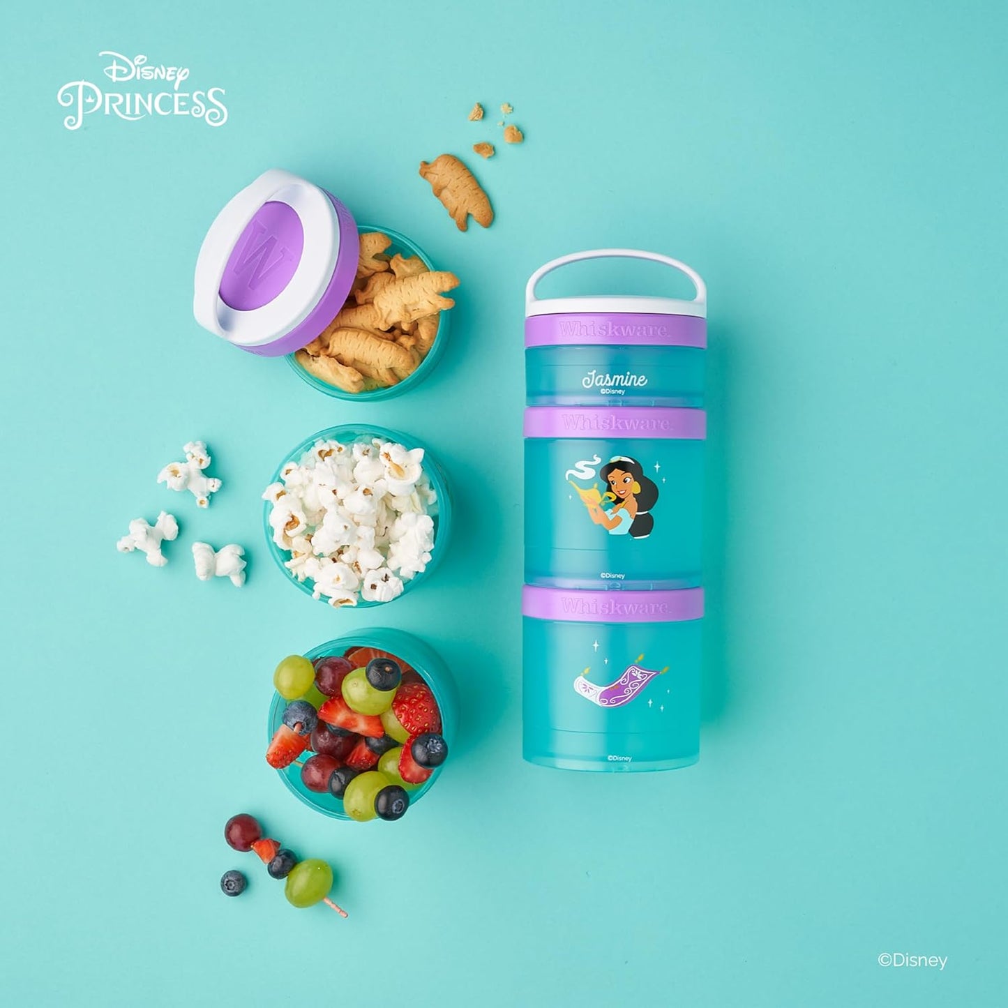 Whiskware Disney Princess Aladdin, Stackable Snack Containers for Kids, 3 Stackable Snack Cups for School or Travel, Backpack and Cupholder Friendly, Jasmine and Magic Carpet