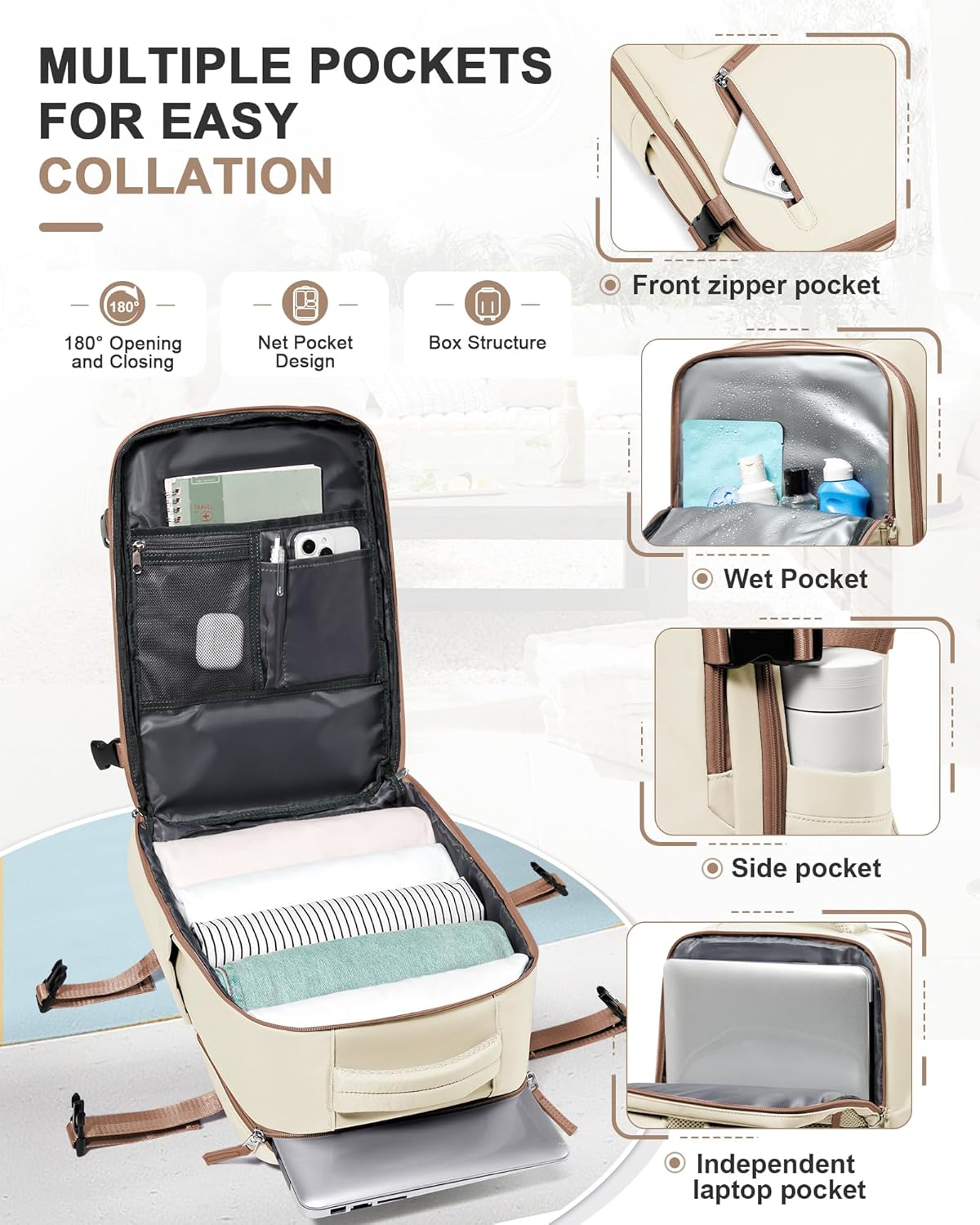 VGCUB Travel Backpack for Women Men for Spirit Airlines Personal Item Bag 18x14x8 Inches Laptop College Backpack,Waterproof Carry on Flight Approved Work Backpack Mochila de Viaje,Beige brown