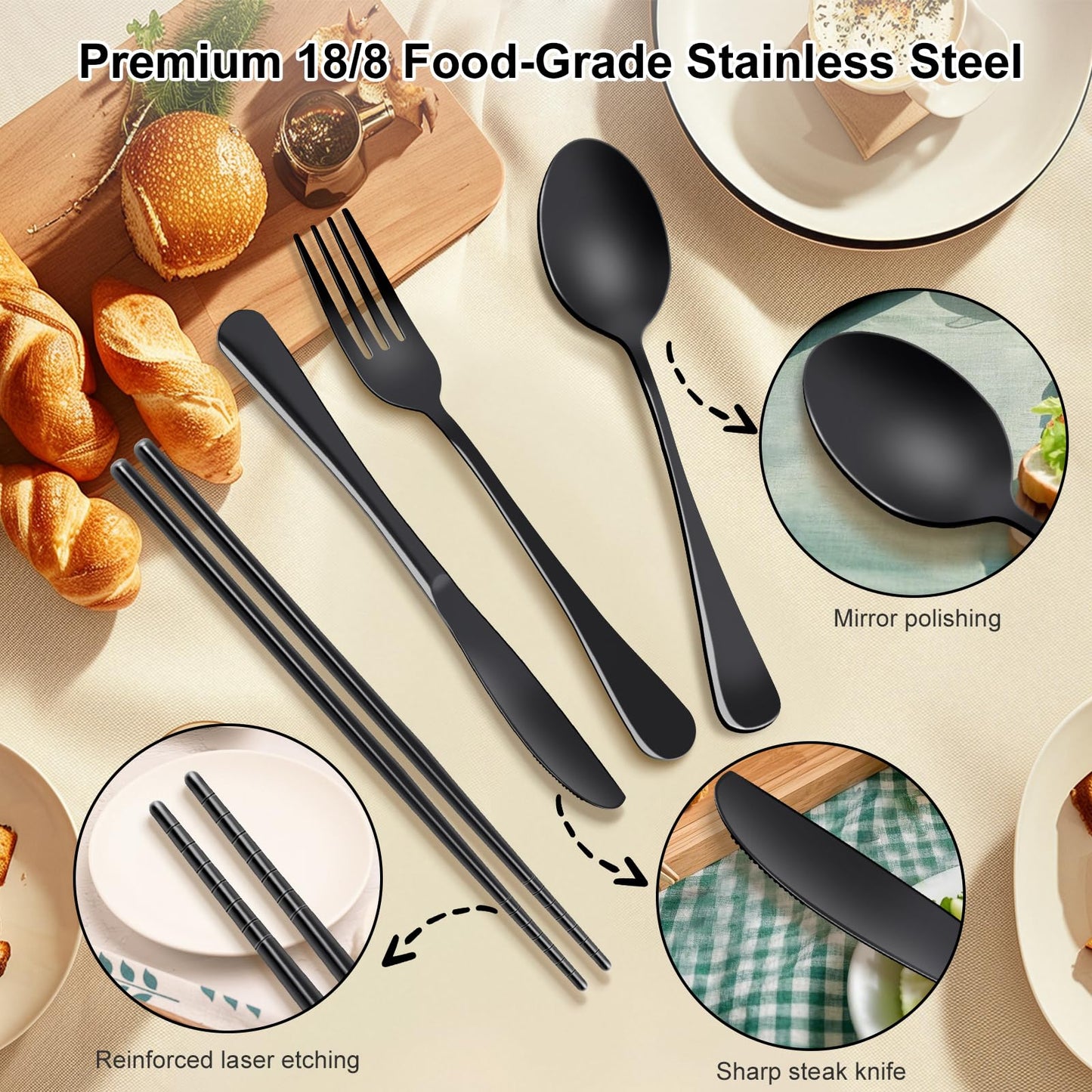 GuoluvSoo 5 Piece Travel Utensils Set With Case, Stainless Steel, Black