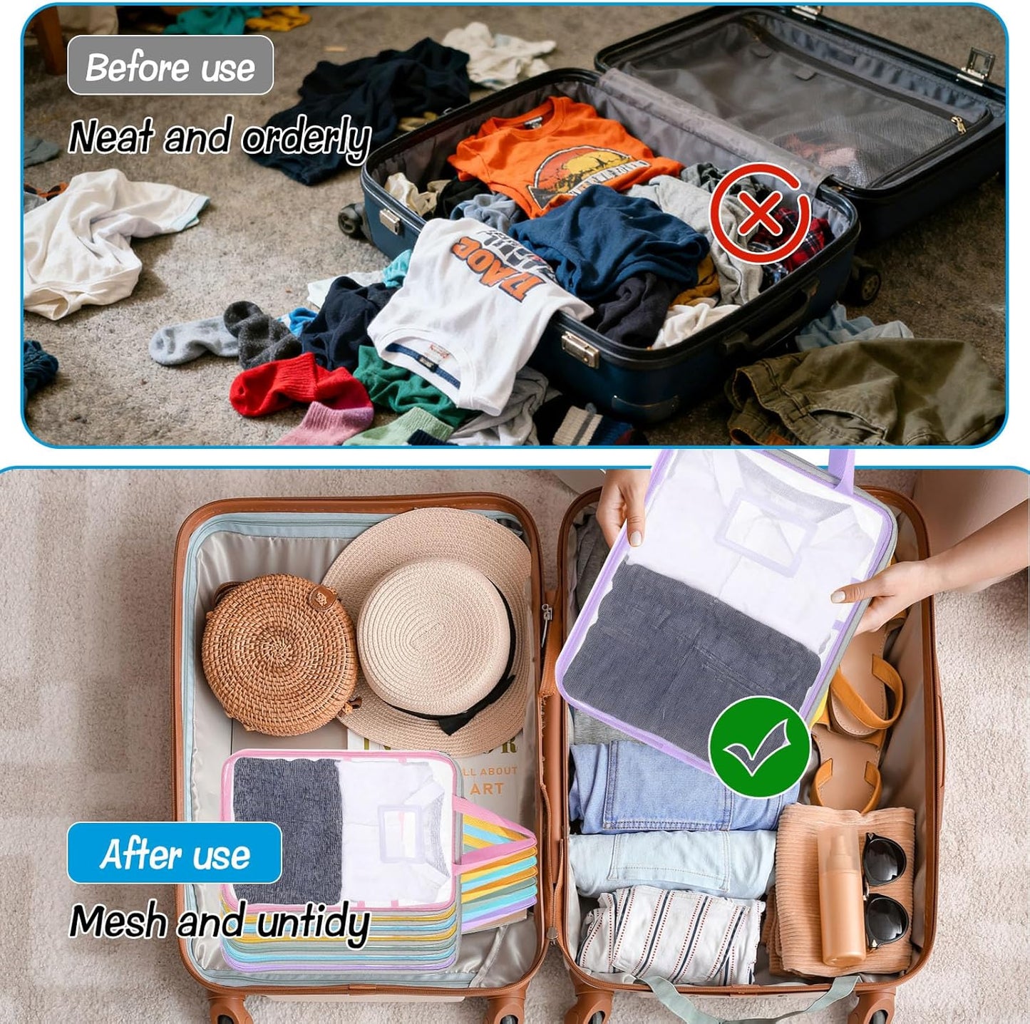 7 Pcs Packing Cubes for Travel, Days of Week Colorful Packing Cubes with Labels, Clear Clear Zippered Storage Bag for Travel Summer Camp Cruise Family Vacations Essentials