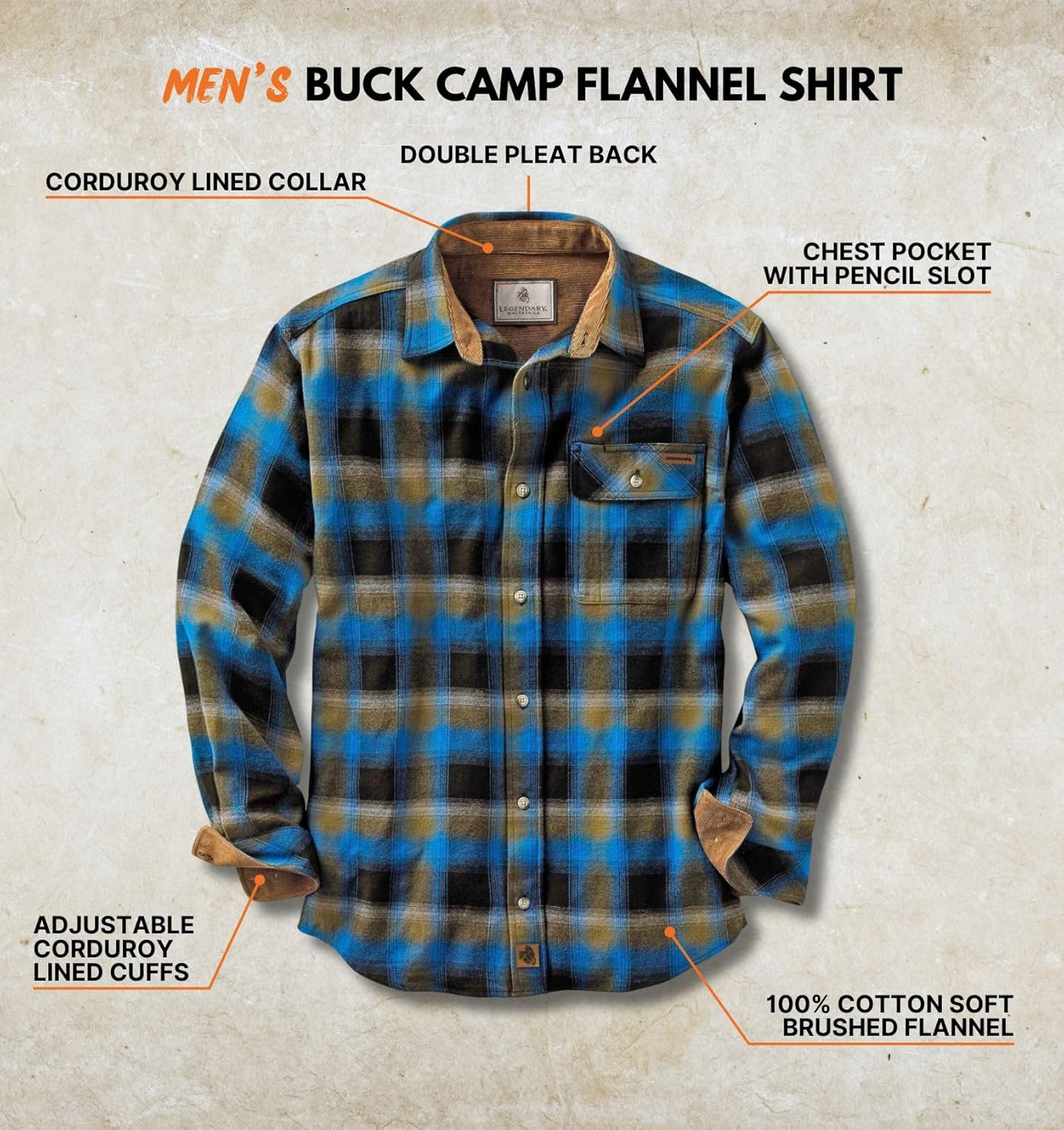 Legendary Whitetails Men's Flannel Shirt Long Sleeve Button Down 100% Cotton