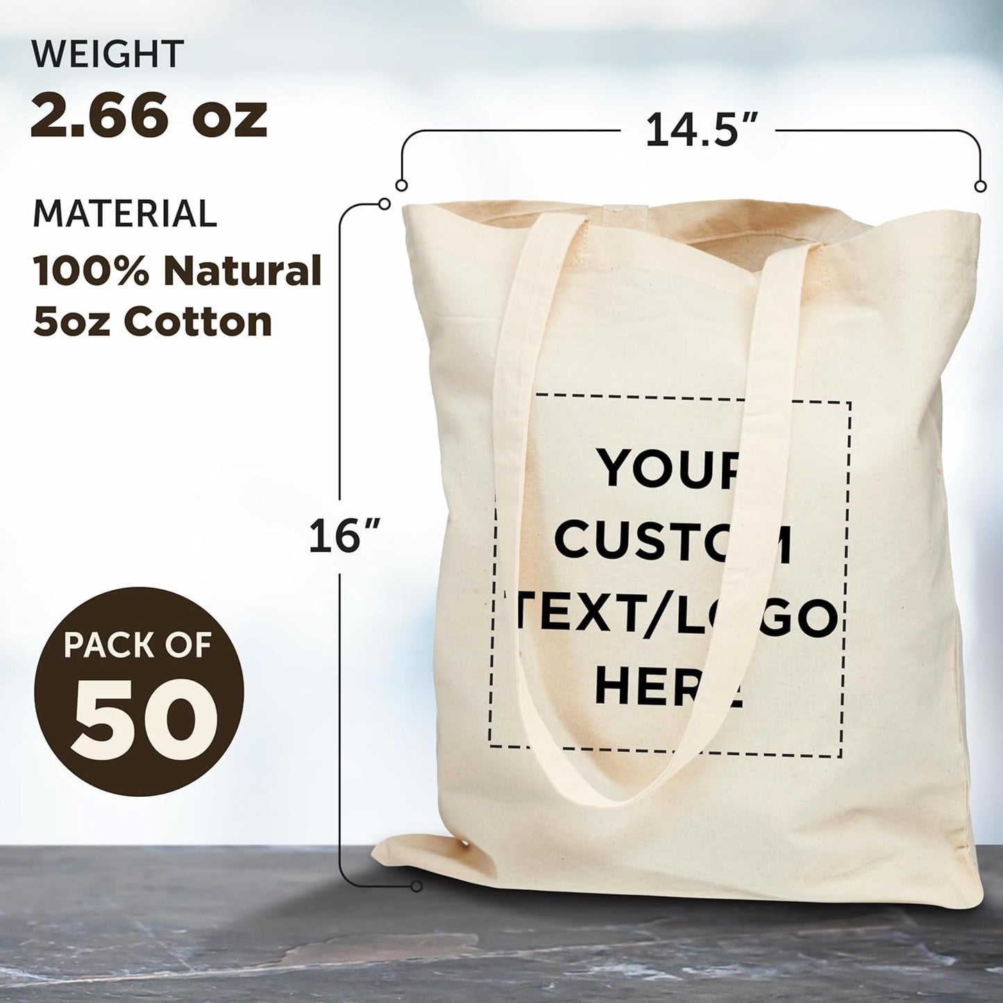 DISCOUNT PROMOS Custom Natural Cotton Fiber Tote Bags (Set of 50) - Personalized, Reusable & Eco-Friendly - Perfect for Grocery, Promotions, Branding - Natural Color, 14.5"X16", 5 OZ Cotton