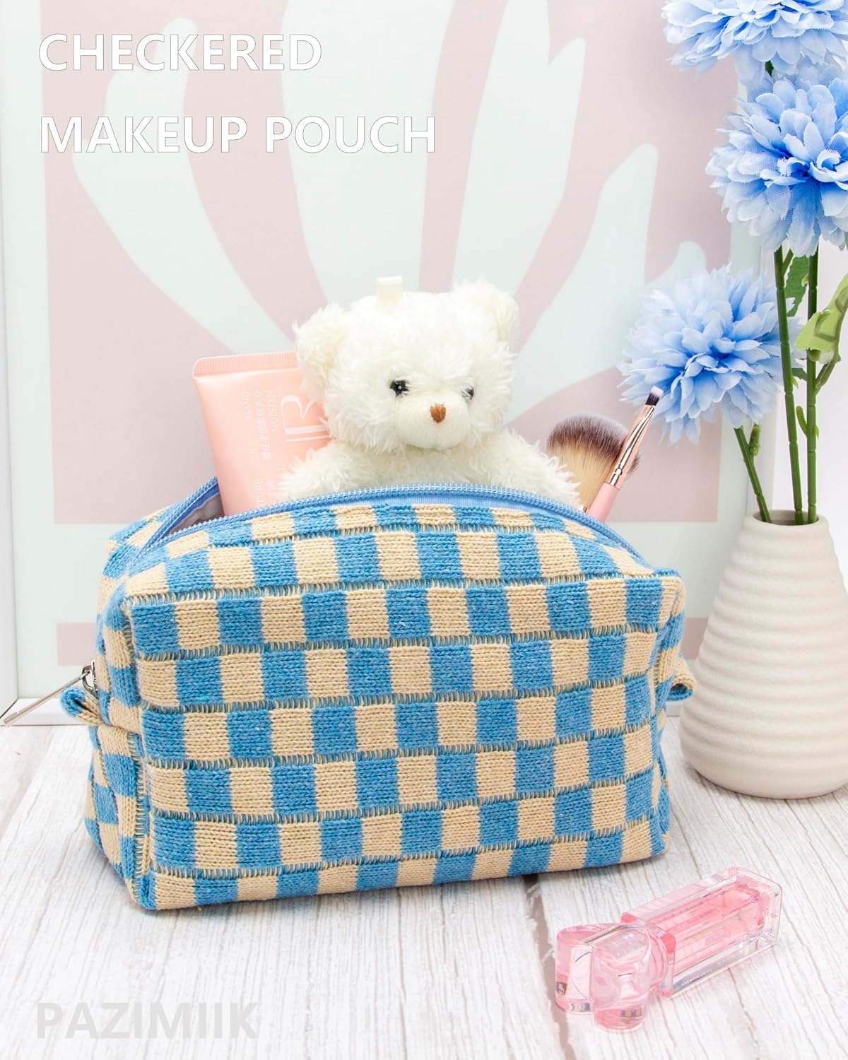 PAZIMIIK 2PCS Checkered Makeup Bag for Purse Portable Zipper Make Up Pouch Small Cosmetic Case for