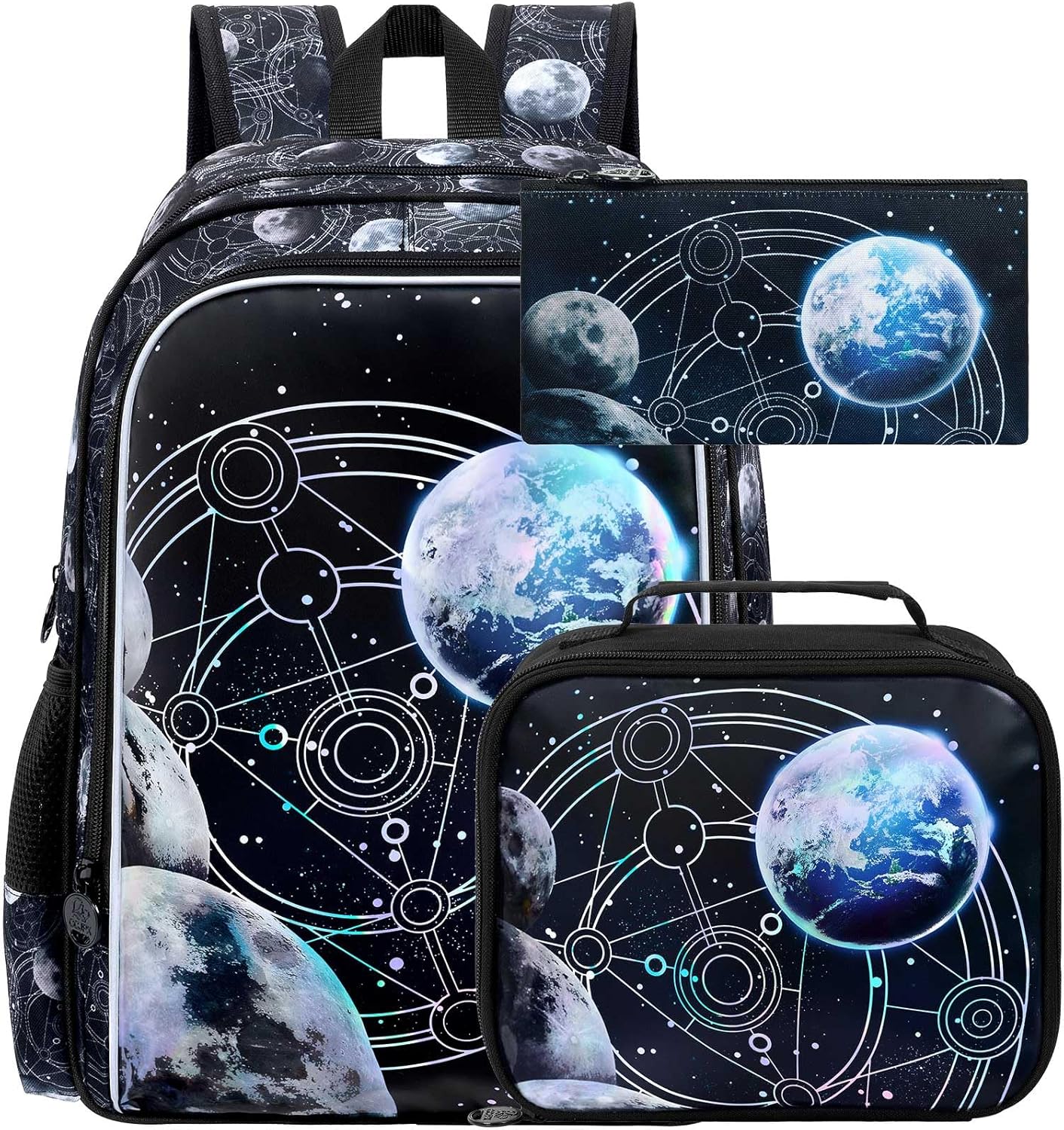 gxtvo 3PCS Boys Planet Bookbag, 17" Kids Bookbag with Lunch Box, Water Resistant Middle Elementary Preschool School Bag