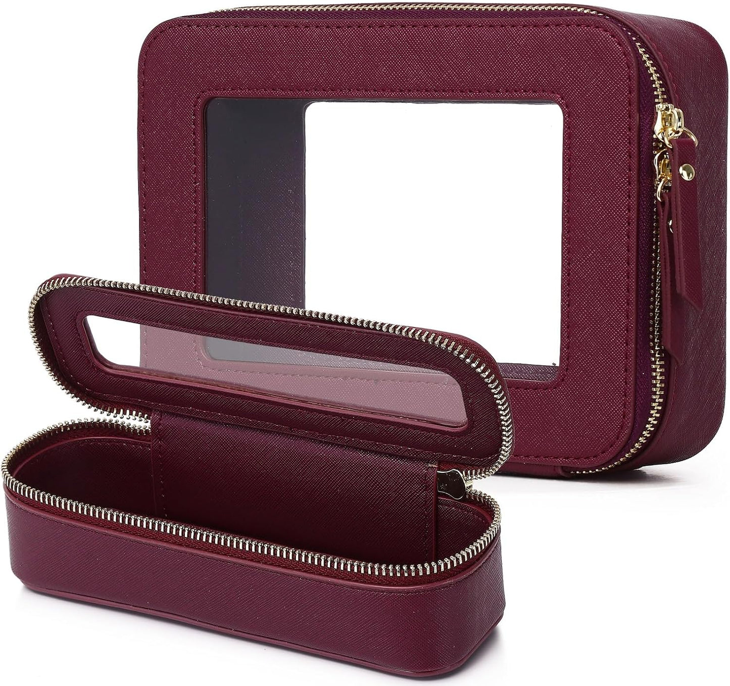 Clear Travel Makeup Bag with Brush Case Portable Transparent Cosmetic Bag and Toiletry Bag Waterproof Makeup Organizer with Zipper Car Essential for Women (Burgundy, M+Slim)