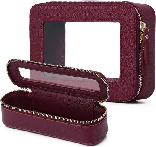 Clear Travel Makeup Bag with Brush Case Portable Transparent Cosmetic Bag and Toiletry Bag Waterproof Makeup Organizer with Zipper Car Essential for Women (Burgundy, M+Slim)