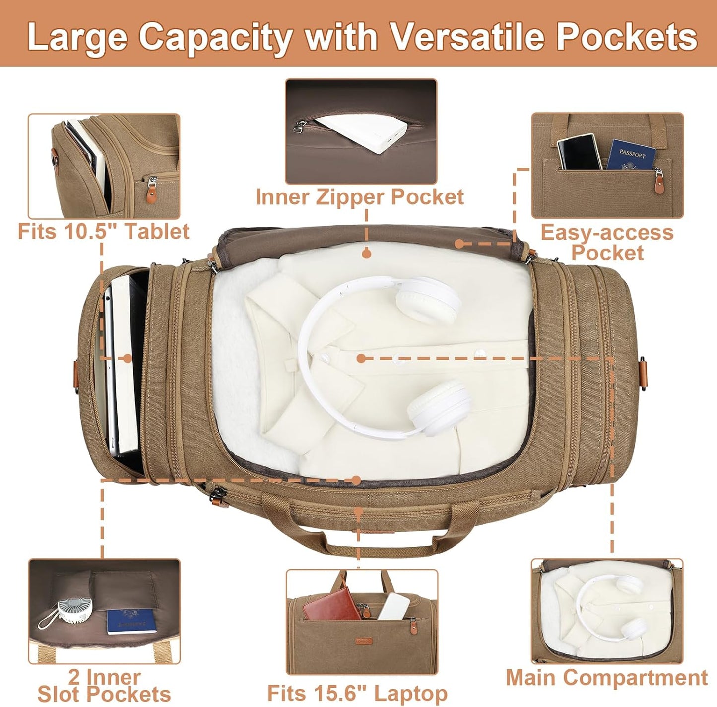 Canvas Mens Duffle Bag for Travel - Expandable 50L Weekender Bags with Toiletry Bag, Overnight Bag Travel Duffel Carry On Luggage with Removable Shoulder Strap, Durable & Water-Resistant