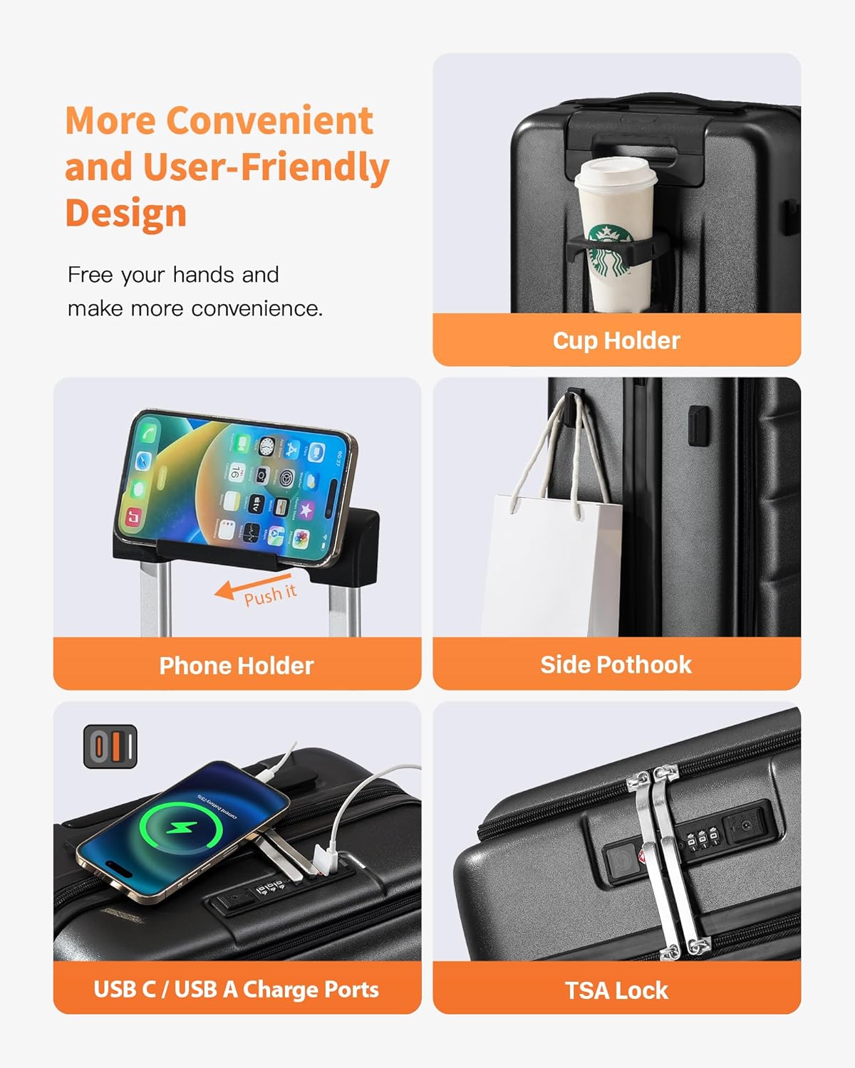 20 IN Carry On Luggage 22x14x9 Airline Approved - Front Pocket Hardside Travel Suitcase Unbreakable -with Cup Holder,Charging Port,Side Pothook, 360°Spinner Wheels, TSA Lock-Black