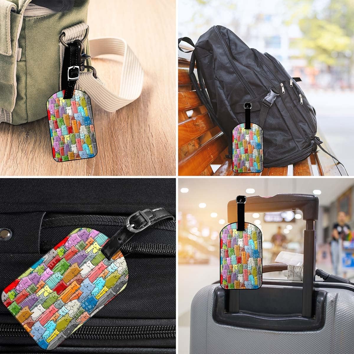 Funny Cats Family Travel Bag Tag Cartoon Seamless Animal Feline Doodle Repeat Design PU Leather Name ID Labels with Privacy Cover for Men Women Suitcase, 1 Pack