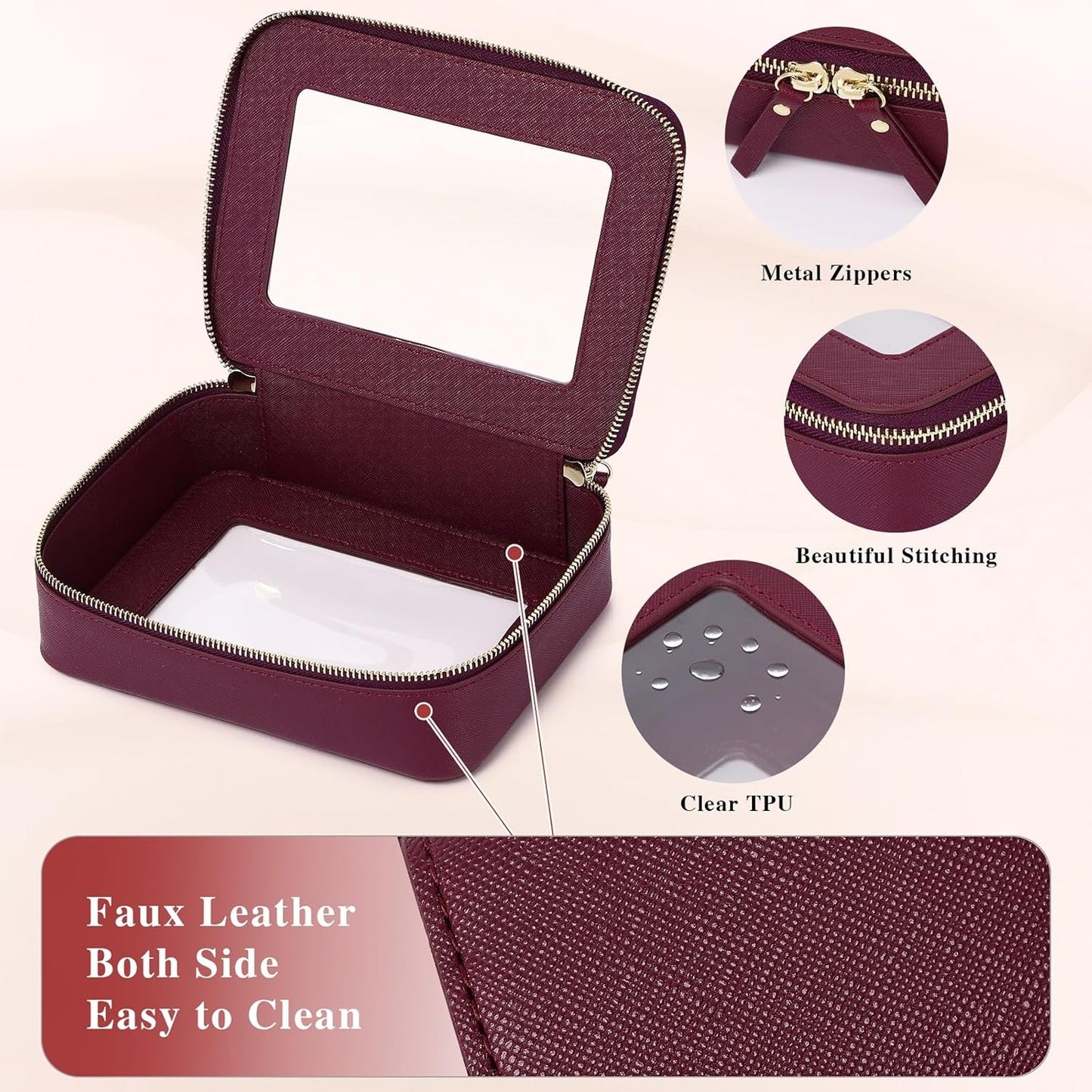 Clear Makeup Bag Women's Waterproof Travel Cosmetic Case and Toiletry Bag Portable Makeup Organizer Bag for Car with Zipper (Burgundy, M)