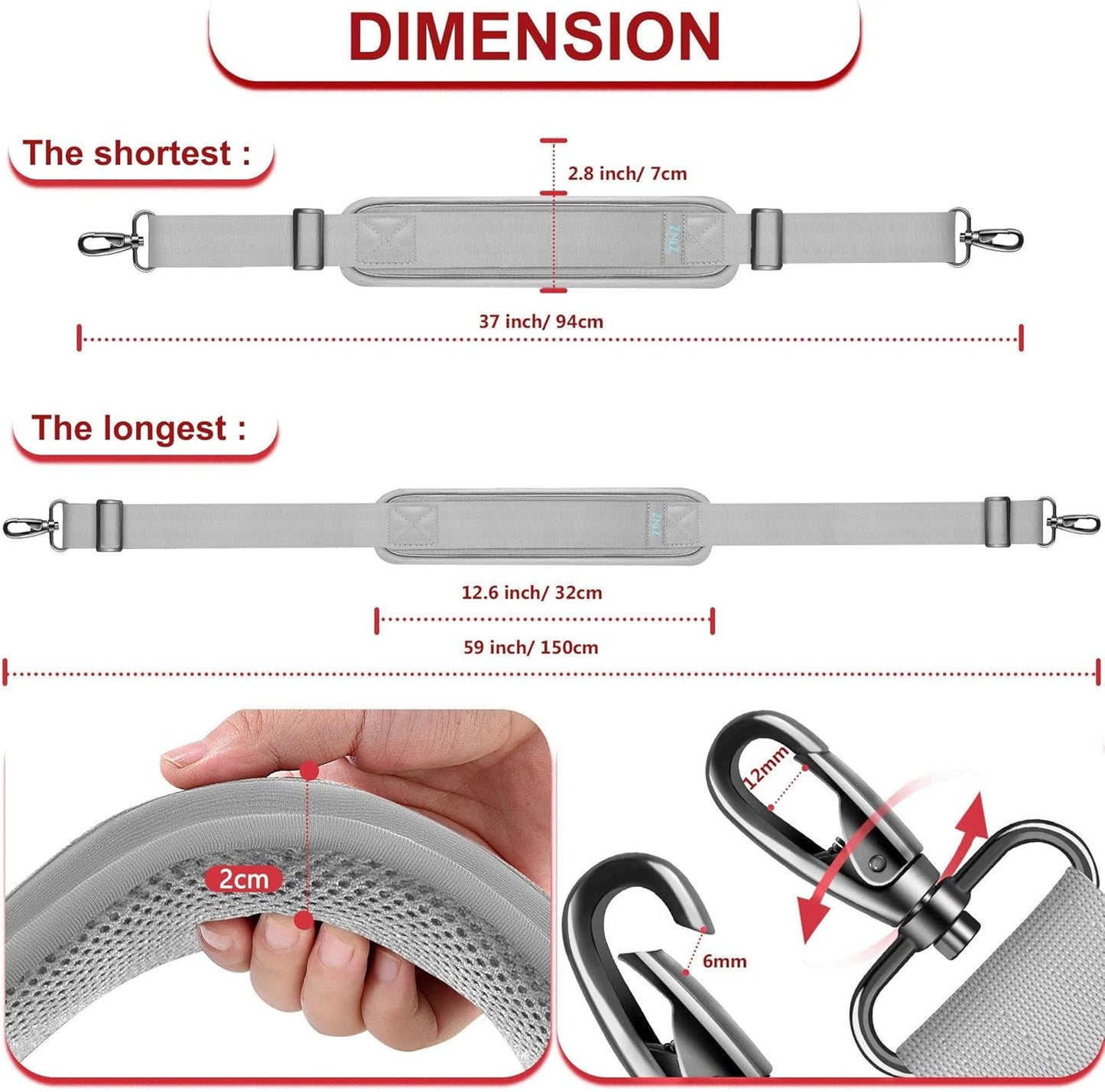 ZINZ Shoulder Strap - 59 Inch Universal Heavy-duty Adjustable Strap with Ultra-thick Fixed Breathable Pad for Laptop, Gym, Camera Bag and More -Light gray