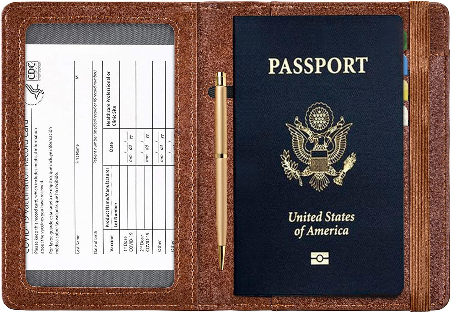 HerriaT Passport and Vaccine Card Holder Combo,Cover Case with CDC Vaccination Card Slot, Leather Travel Documents Organizer Protector, with RFID Blocking, for Women and Men