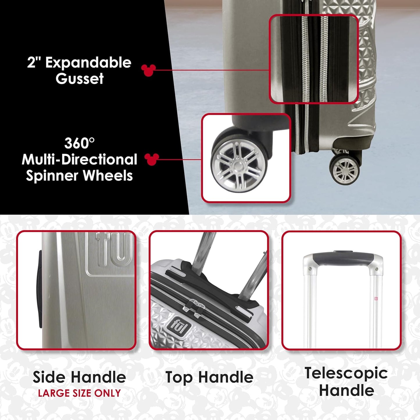FUL Disney 30 Inch Rolling Luggage, Hardshell Suitcase with Spinner Wheels, Mickey Mouse-Silver