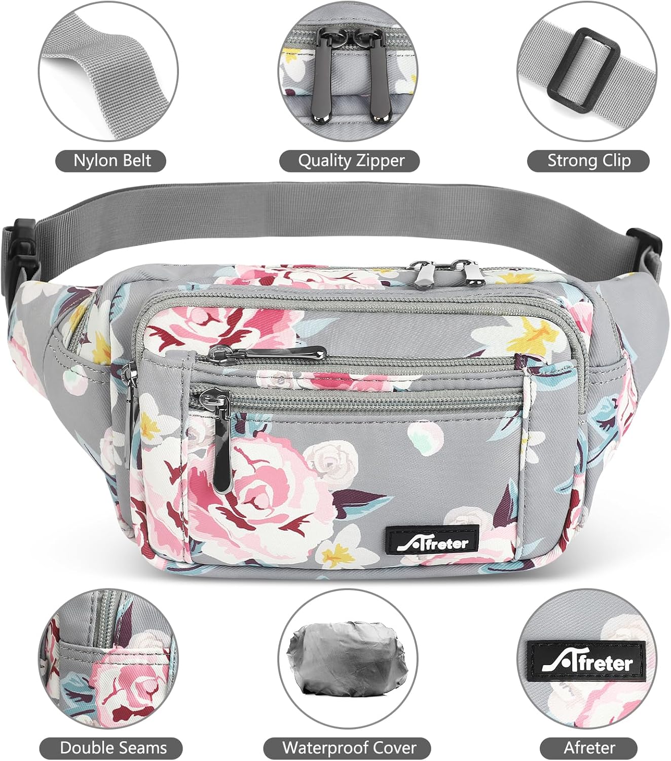Waist Pack Bag Fanny Pack for Men&Women Hip Bum Bag with Adjustable Strap for Outdoors Workout Traveling Casual Running Hiking Cycling (New Grey Flowers)