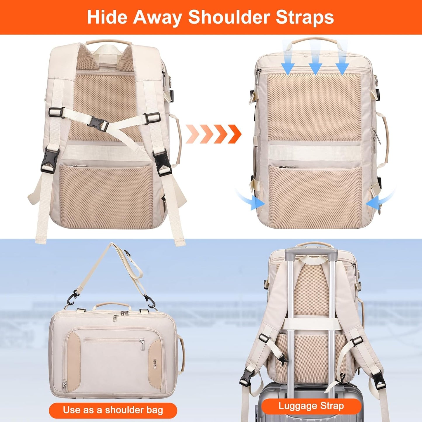 PIJUSHI Travel Backpack for Women Flight Approved Carry on Bag 16 inch Laptop Personal Item Daypack with Shoe Compartment(PE038 Beige)