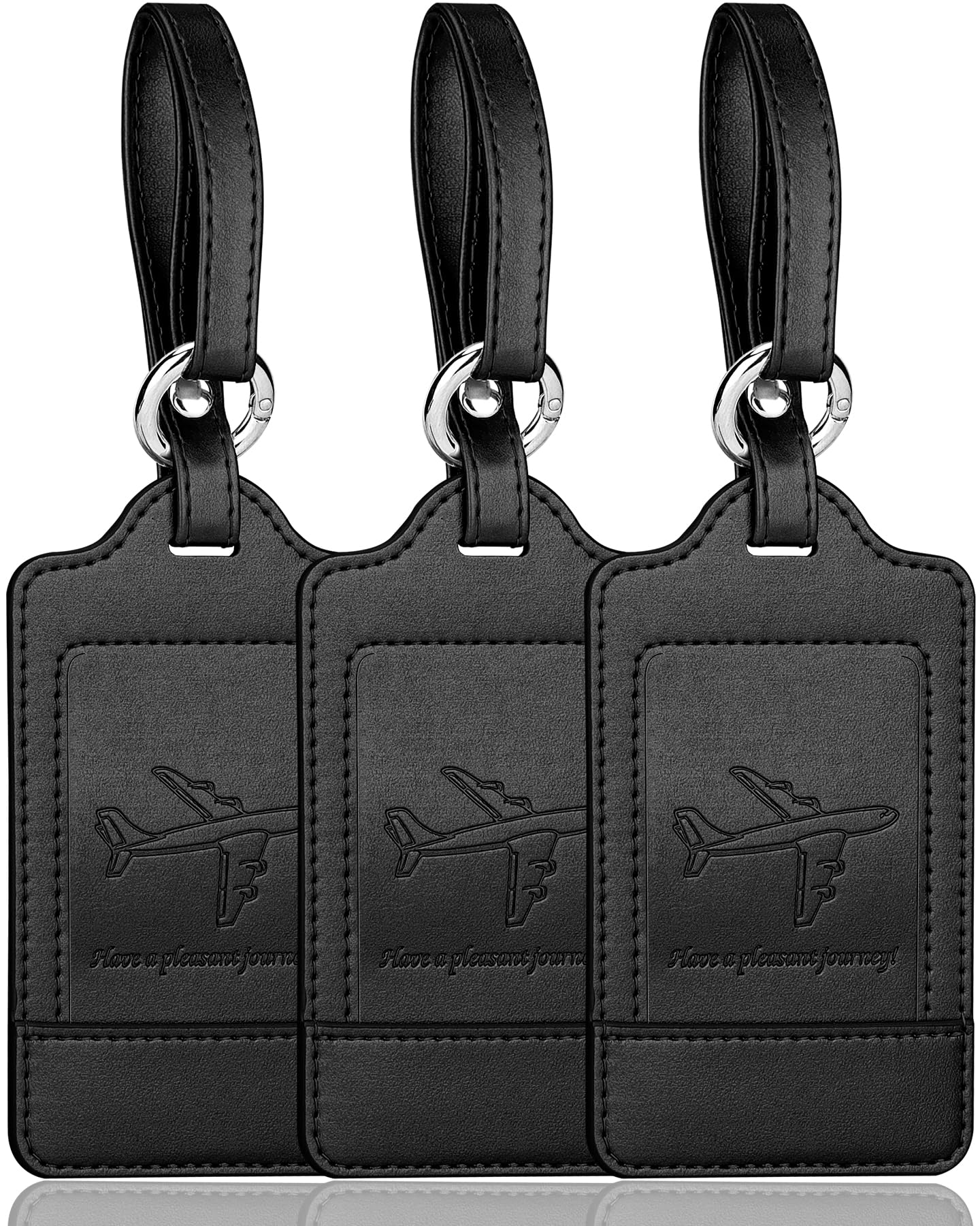 Teskyer Leather Luggage Tags for Suitcases, 3 Pack, Black