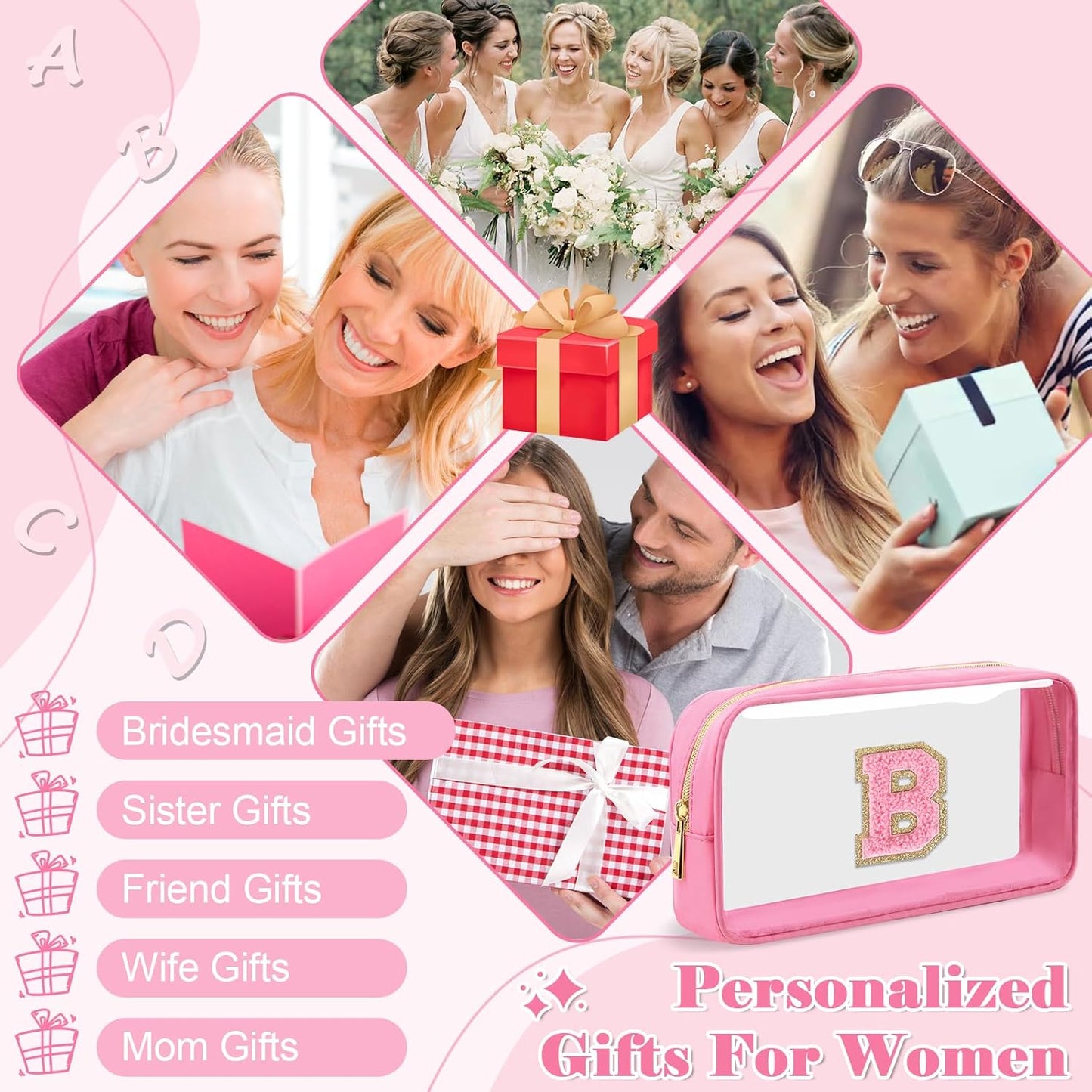 Personalized Initial Letter Clear Makeup Bag,Preppy Small Nylon&PVC Cosmetic Zipper Bag with