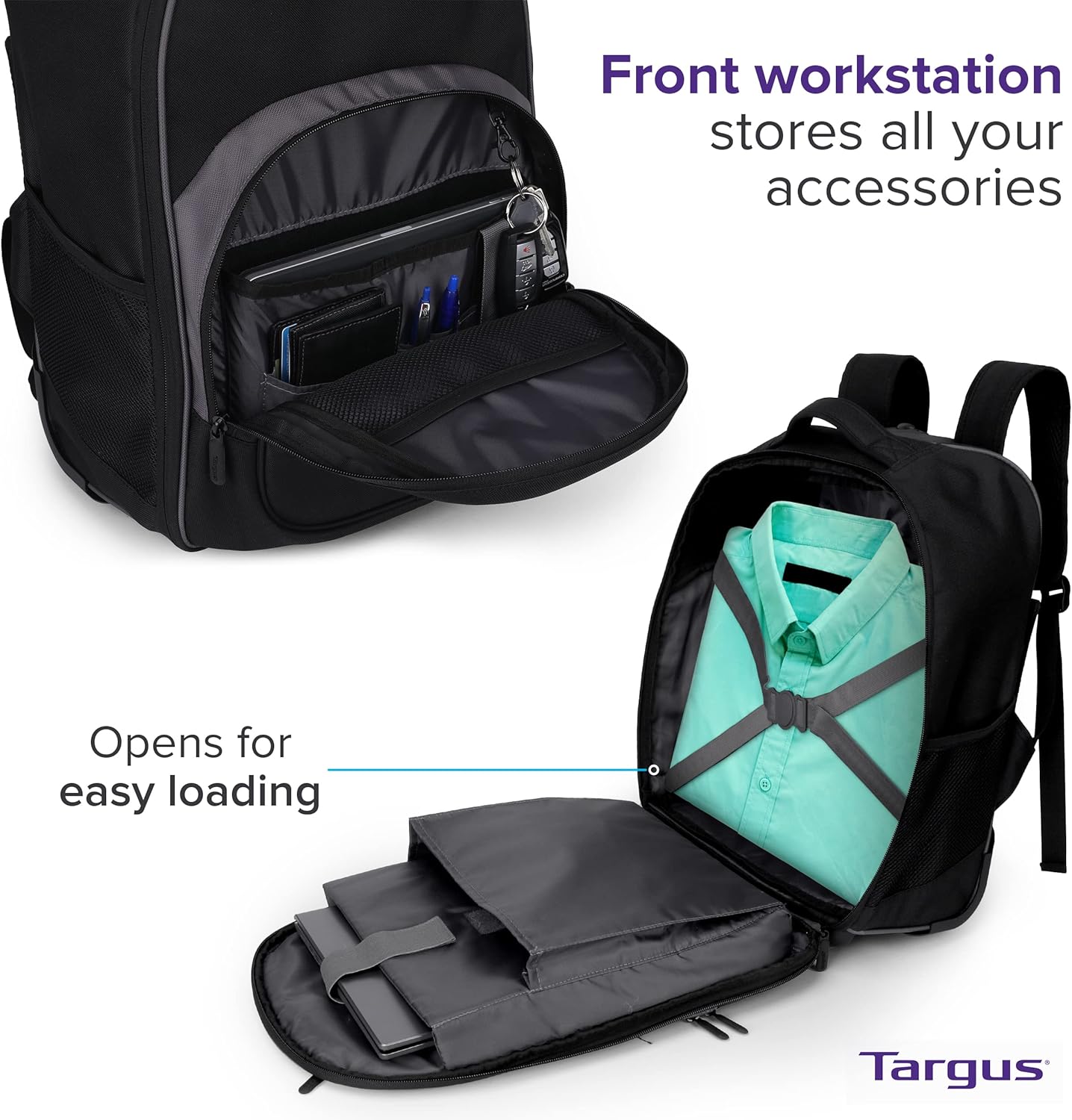Targus 16 Inch Compact Rolling Backpack, Black - Wheeled Travel Bag with Removable Protective Laptop Sleeve, Fits Laptops Up to 16” and MacBook Pros up to 17” (TSB750US)