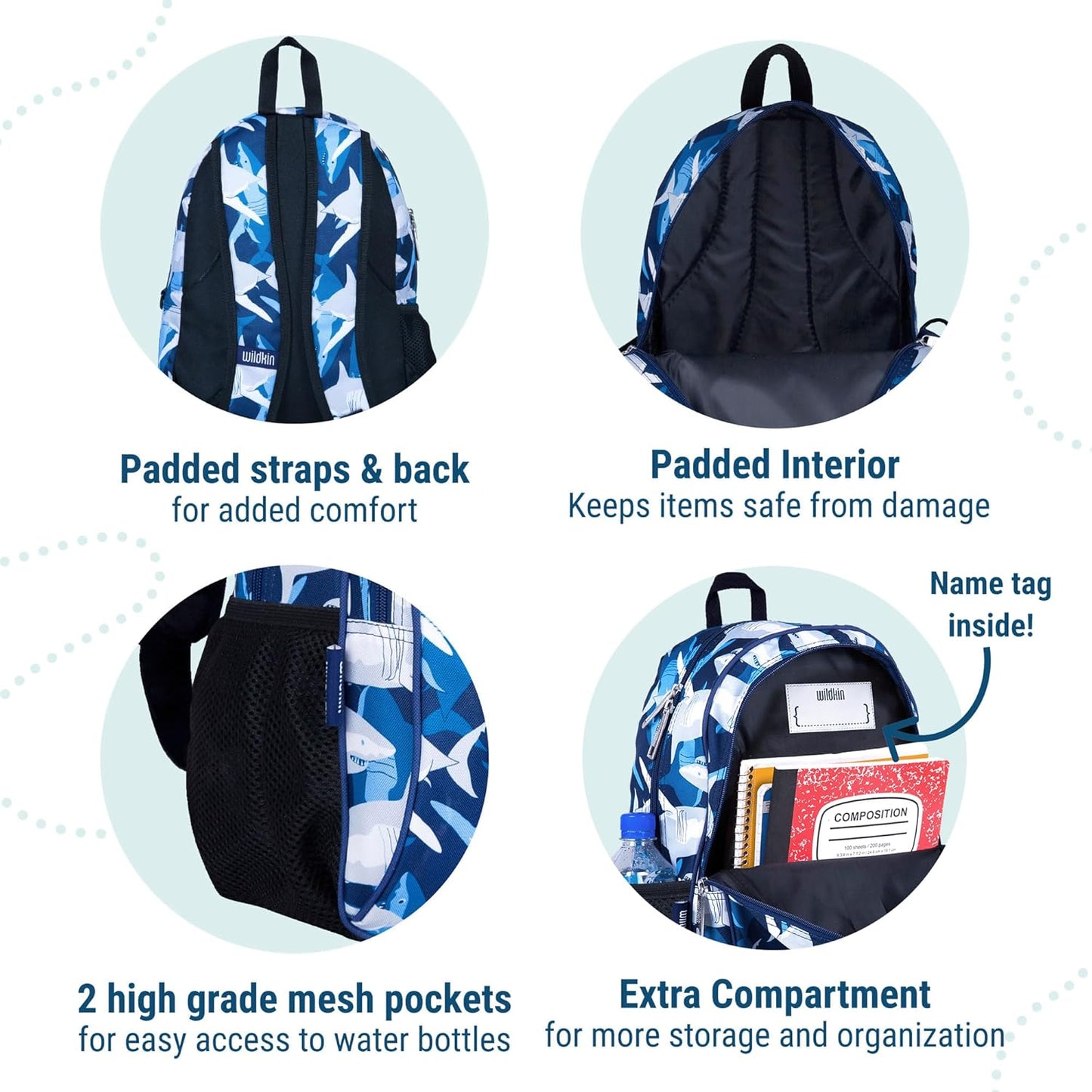 Wildkin 15-inch Kids Backpack – Durable, Padded, Adjustable for School & Travel - Sharks