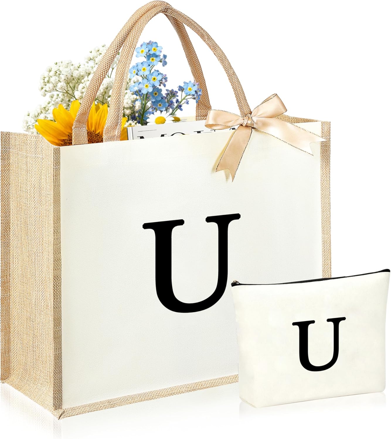 Initial Canvas Tote Bag & Makeup Bag for Women Teacher Bridesmaids，Personalized Present for