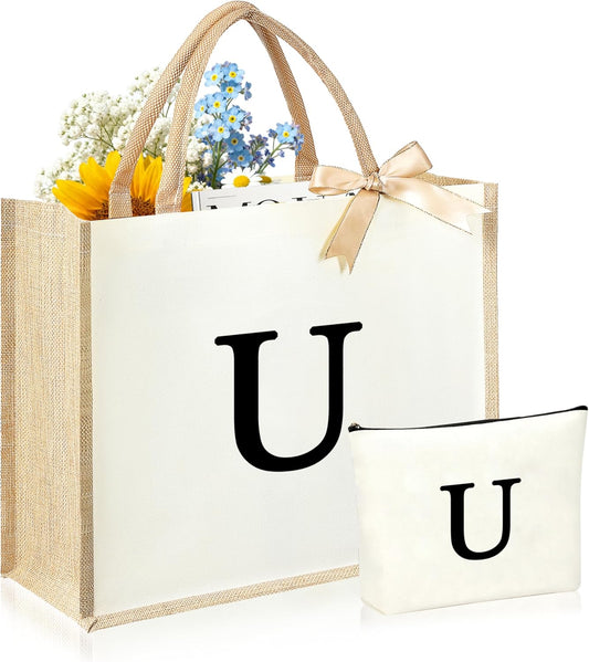Initial Canvas Tote Bag & Makeup Bag for Women Teacher Bridesmaids，Personalized Present for Wedding, Birthday, Beach