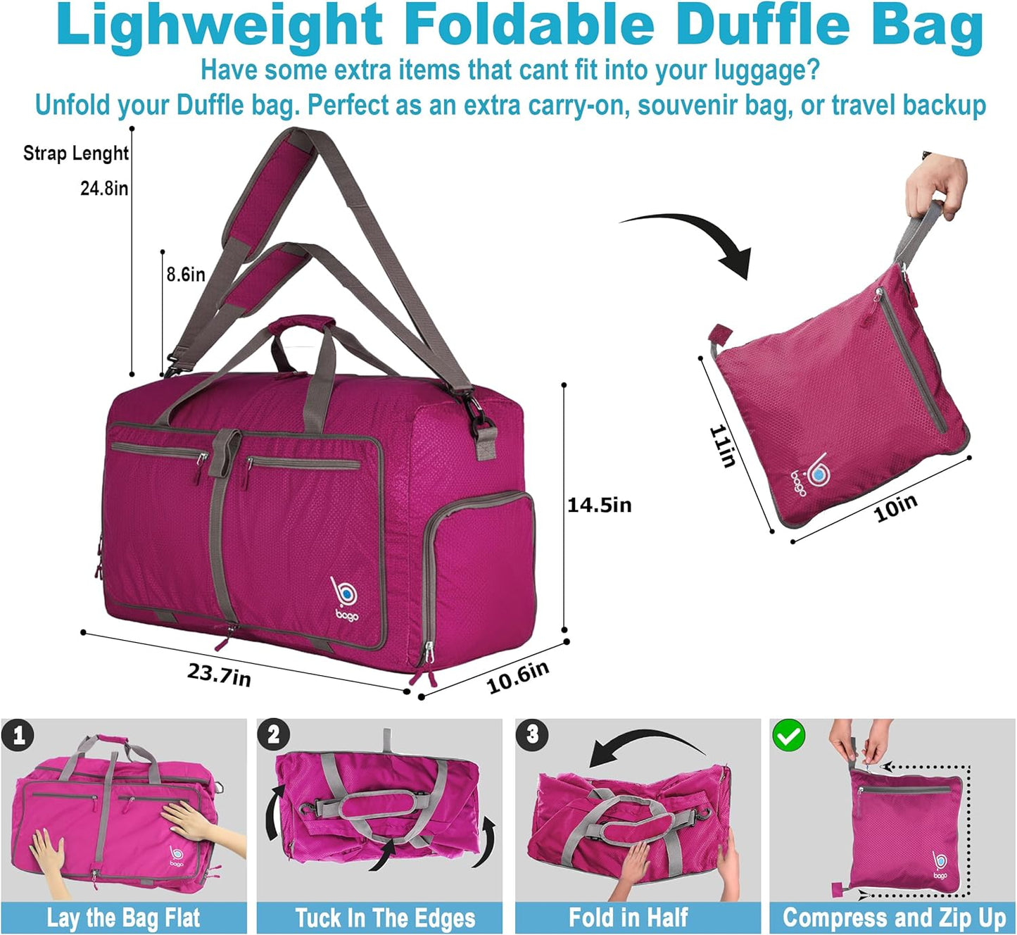 Bago Foldable Duffel Bags for Traveling Women & Men - 60L Medium Packable Duffle Bag for Travel with Shoe Compartment - Water Repellant, Heavy Duty, Lightweight Folding & Collapsible (Pink)