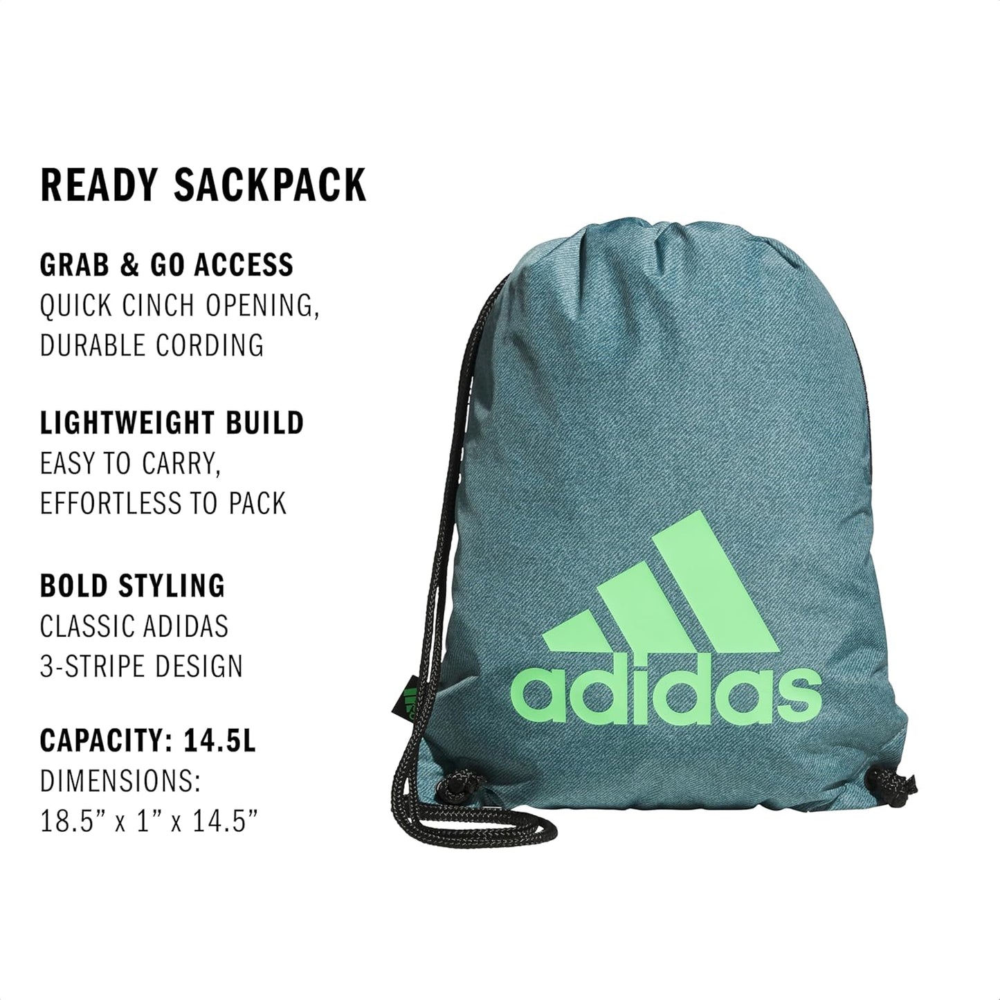 adidas Ready Sackpack – Drawstring Backpack Lightweight Small Gym Bag, Twill Preloved Teal/Lime Burst Green/1.0, One Size