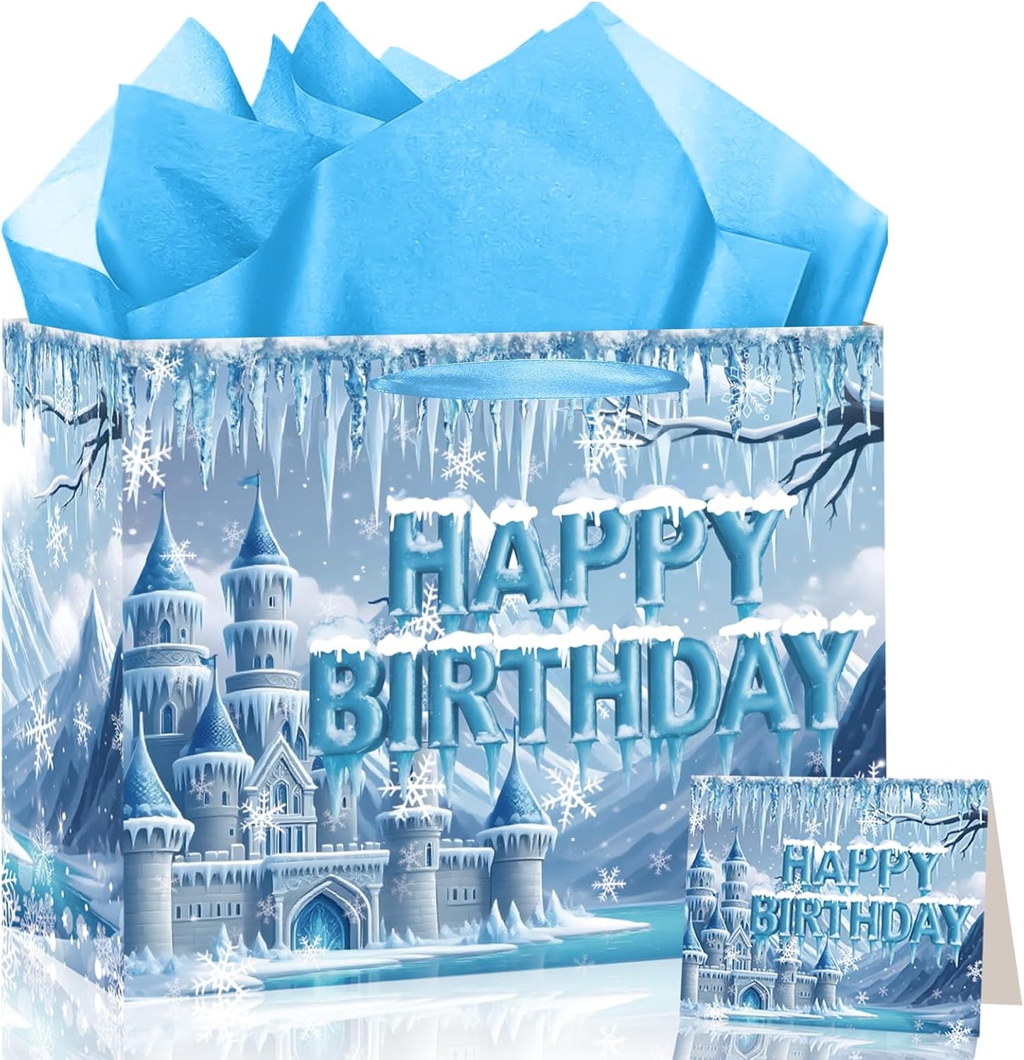 Frozen Birthday Gift Bag with Greeting Card and Tissue Paper Large Snow Frost Castle Party Favor Bags Frozen Birthday Wrapping Paper Bags Treat Candy Bags with Handle for Bday Christmas Winter Gift