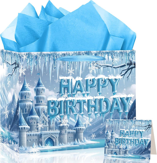Frozen Birthday Gift Bag with Greeting Card and Tissue Paper Large Snow Frost Castle Party Favor Bags Frozen Birthday Wrapping Paper Bags Treat Candy Bags with Handle for Bday Christmas Winter Gift