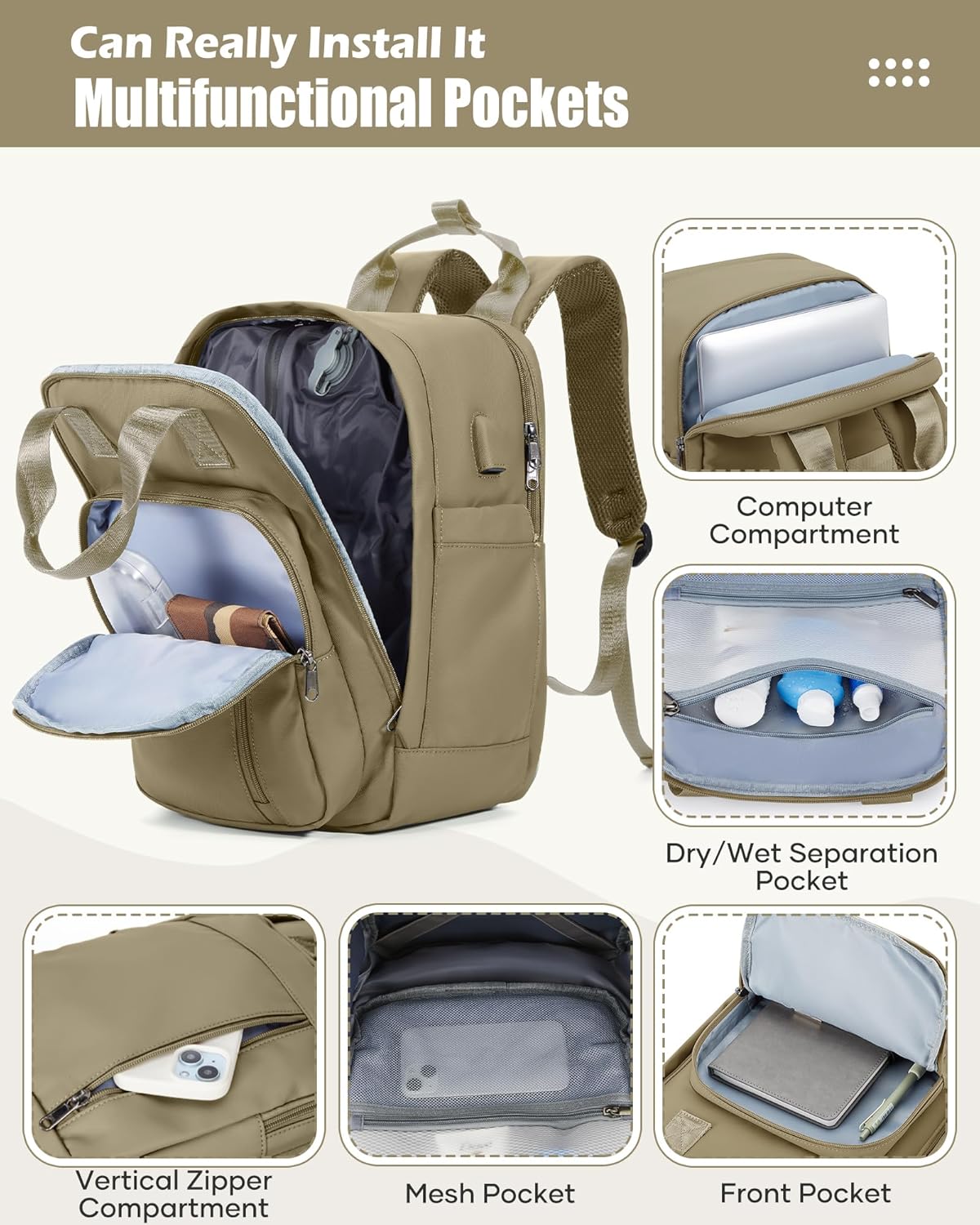 Vacuum Travel Backpack with Pump,Personal Item Carry on Backpacks Flight Approved 18x14x8 inches Women,Laptop Waterproof Work Compression bags hiking Casual Daypack Grey Brown