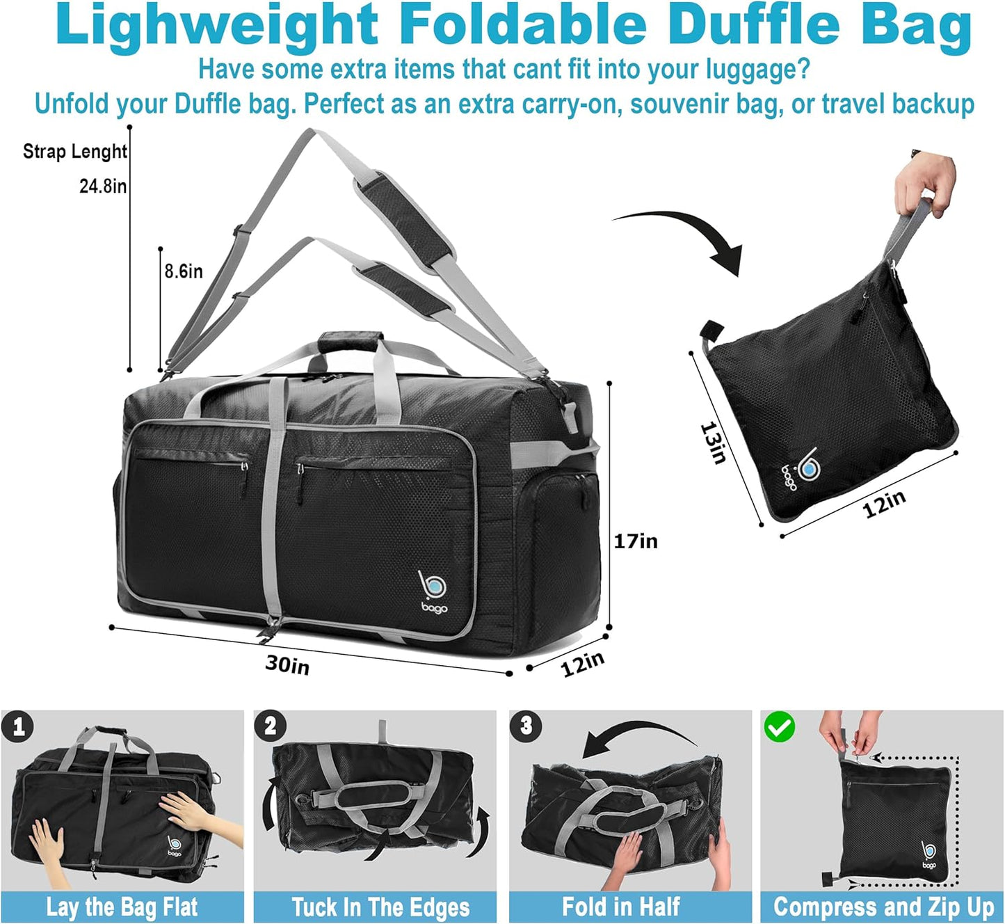 Bago Large Foldable Duffel Bags for Traveling Women & Men - 100L Packable Duffle Bag for Travel with Shoe Compartment - Water Repellant, Heavy Duty, Lightweight Folding & Collapsible (Black)