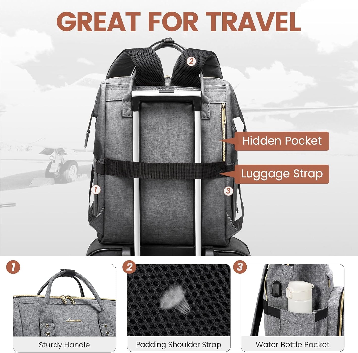 LOVEVOOK Laptop Backpack for Women,15.6 Inch Professional Womens Travel Backpack Purse Computer Laptop Bag Nurse Teacher Backpack,Waterproof College Work Bags Carry on Back Pack with USB Port,Grey